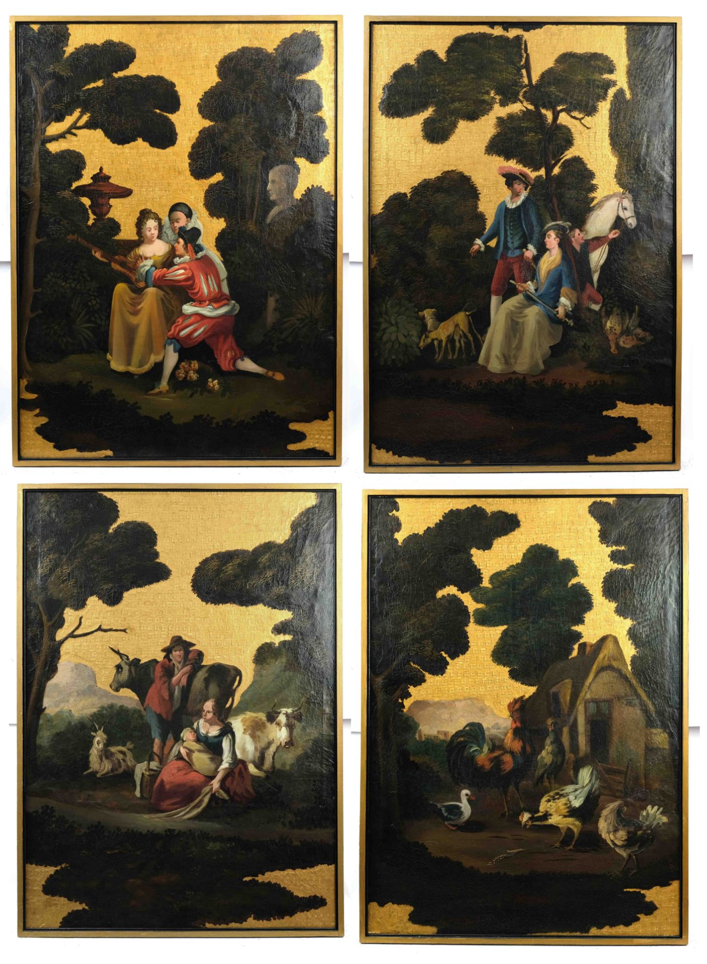 A set of four painted and parcel-gilt leather wall panels