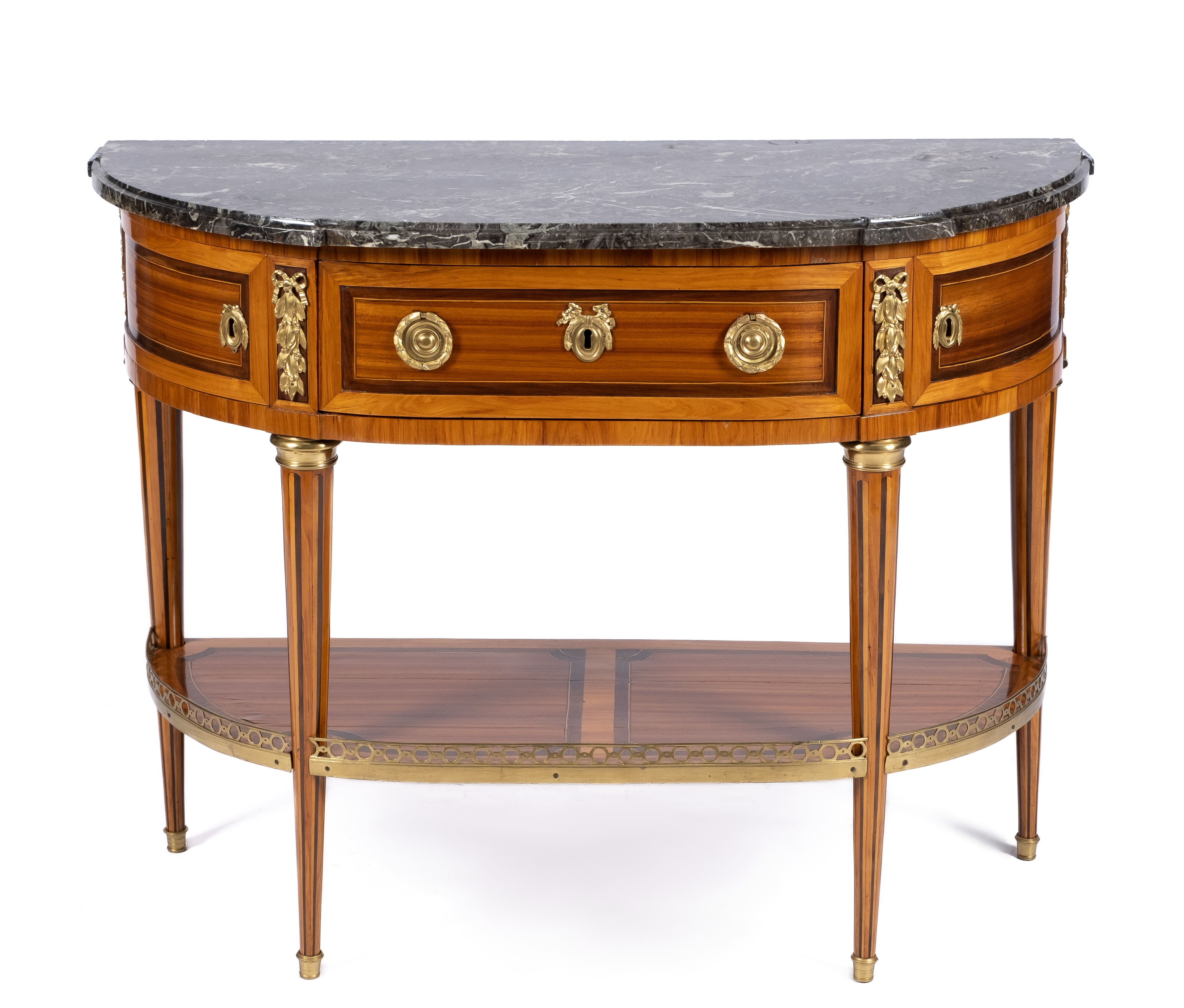 A Louis XVI ormolu-mounted bois-satiné, tulipwood, amaranth and fruitwood console desserte