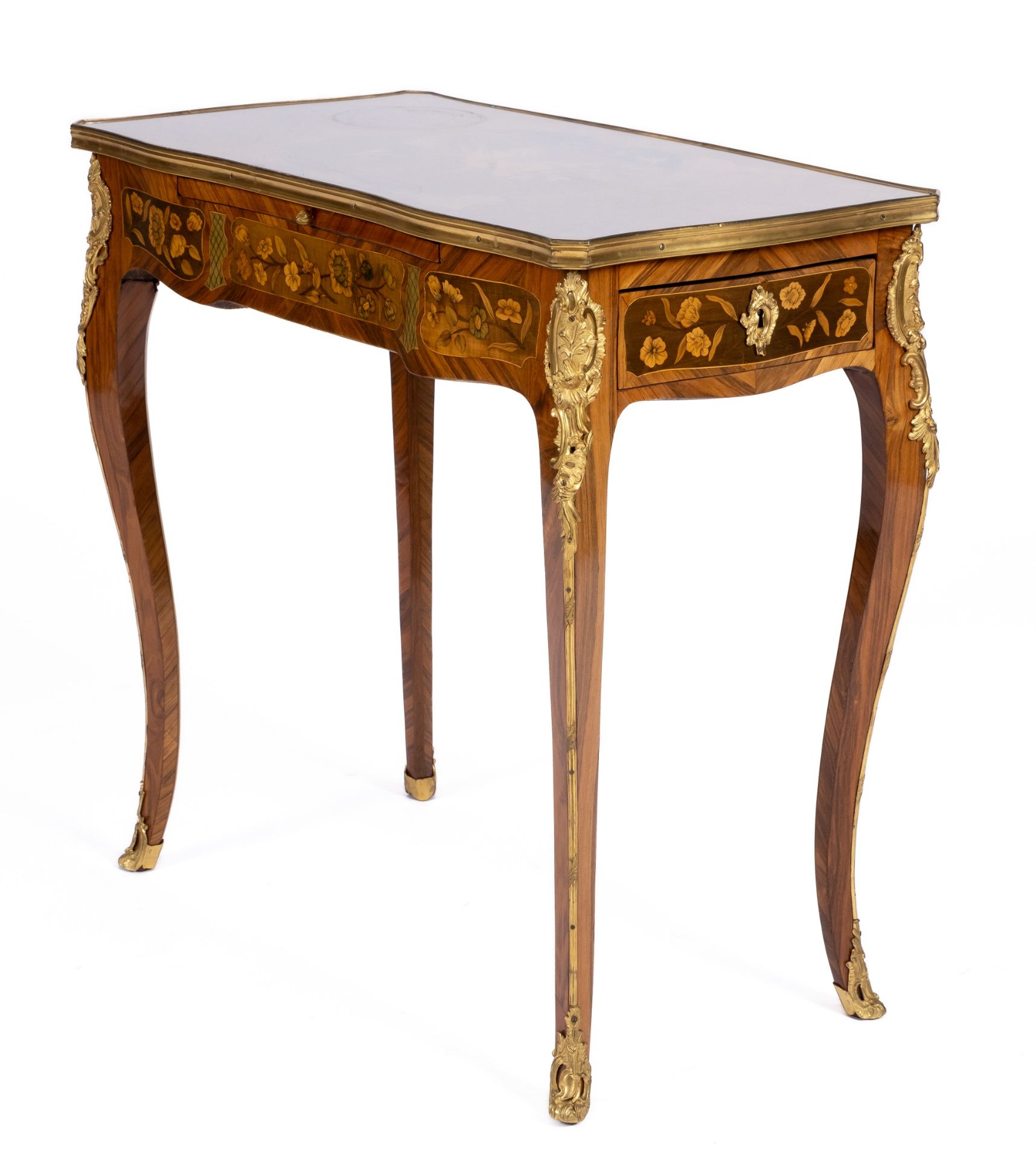 A Louis XV ormolu-mounted kingwood, sycamore and fruitwood marquetry table de salon