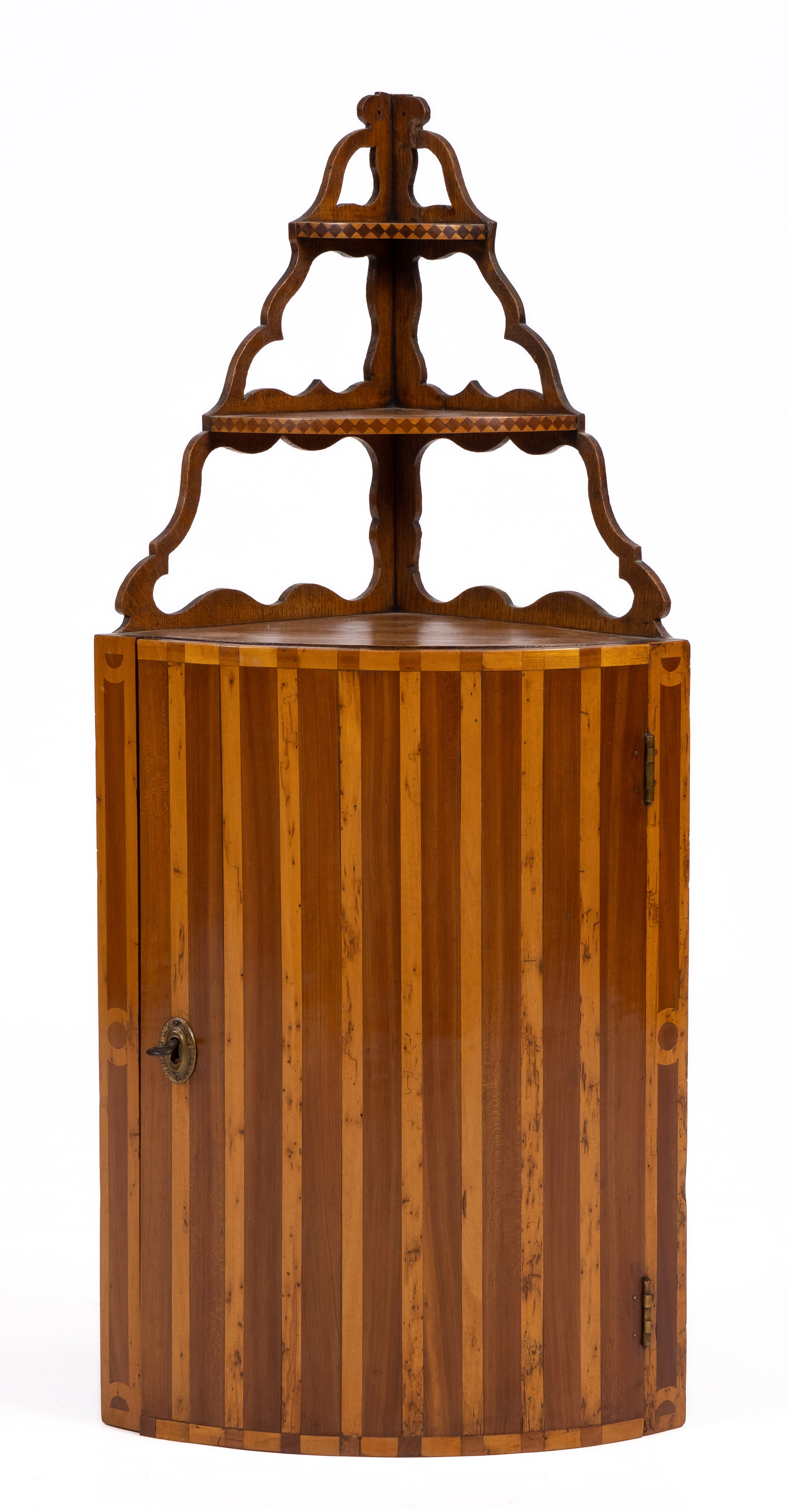 A Louis XVI fruitwood parquetry corner hanging cabinet