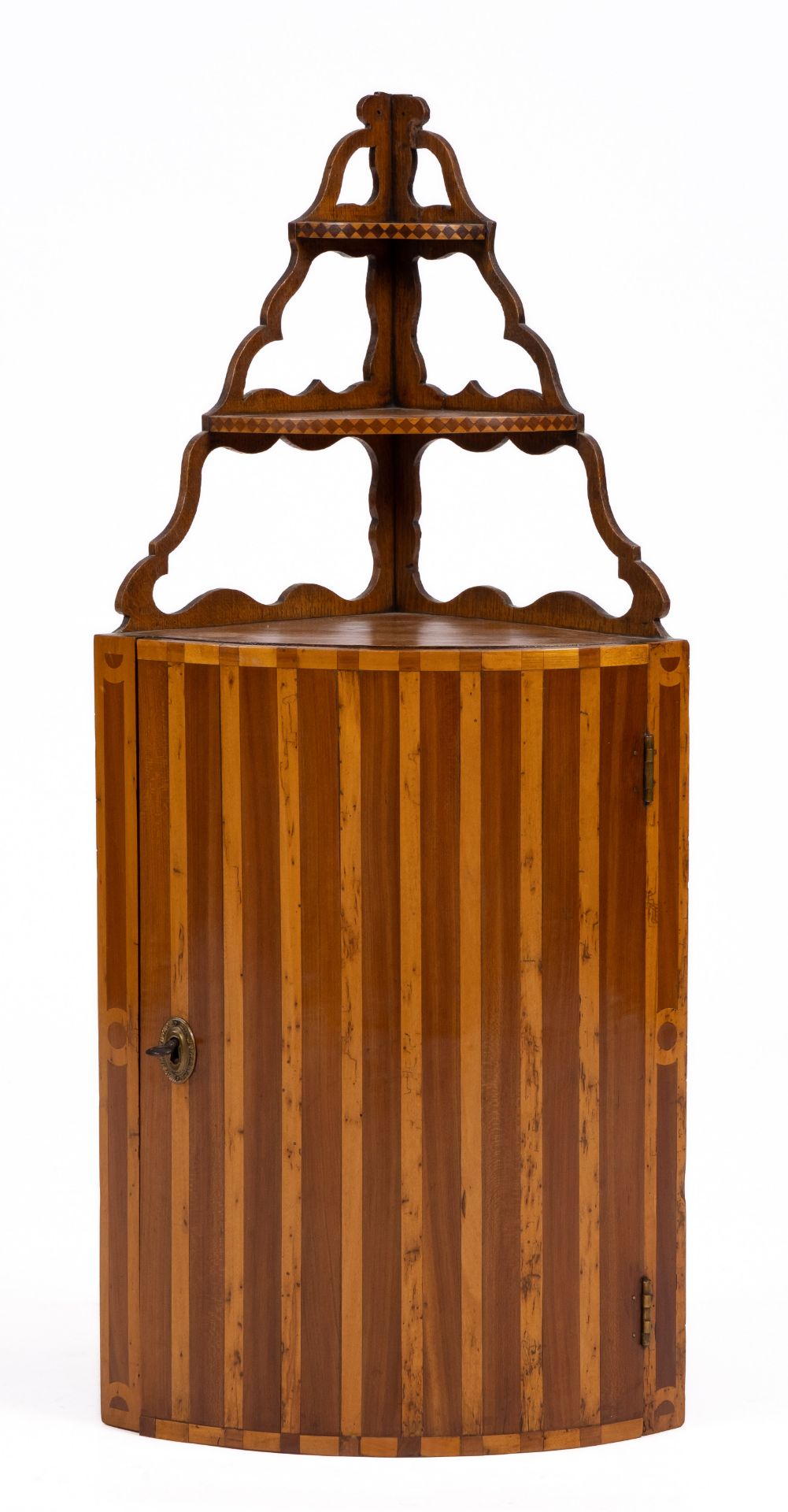 A Louis XVI fruitwood parquetry corner hanging cabinet