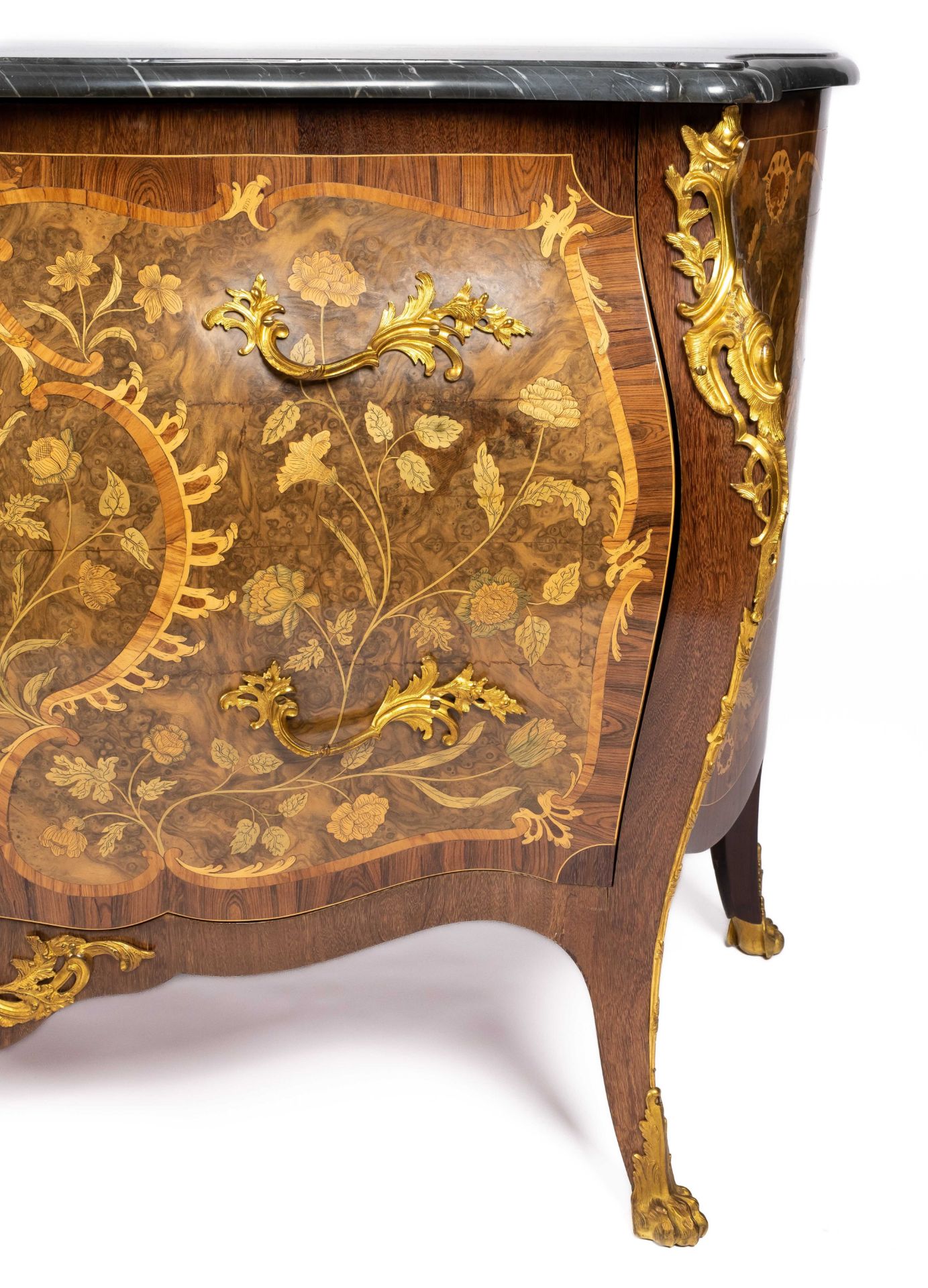 A Dutch ormolu-mounted kingwood, tulipwood, burr-walnut, fruitwood and marquetry commode - Image 4 of 7