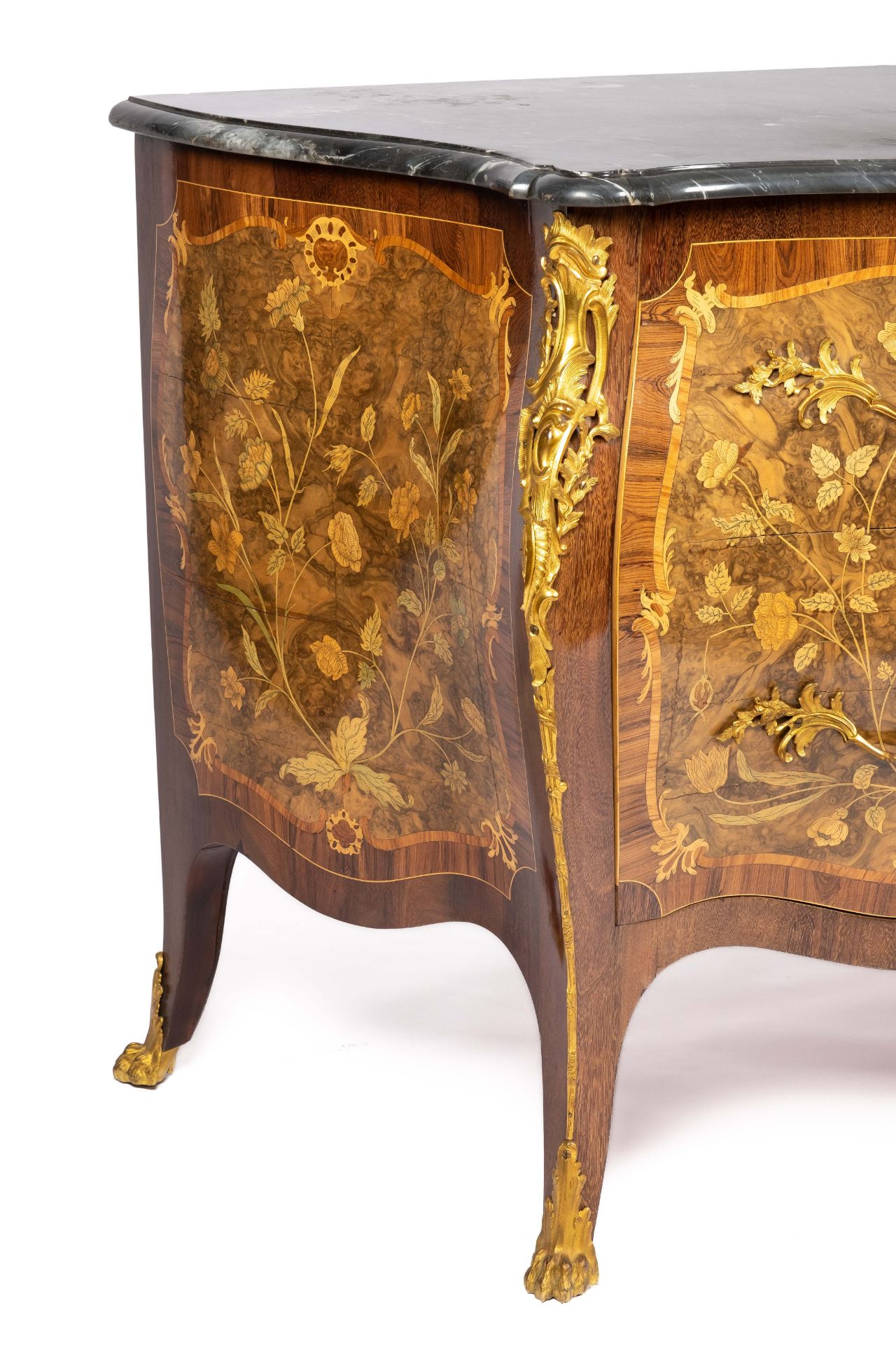 A Dutch ormolu-mounted kingwood, tulipwood, burr-walnut, fruitwood and marquetry commode - Image 7 of 7