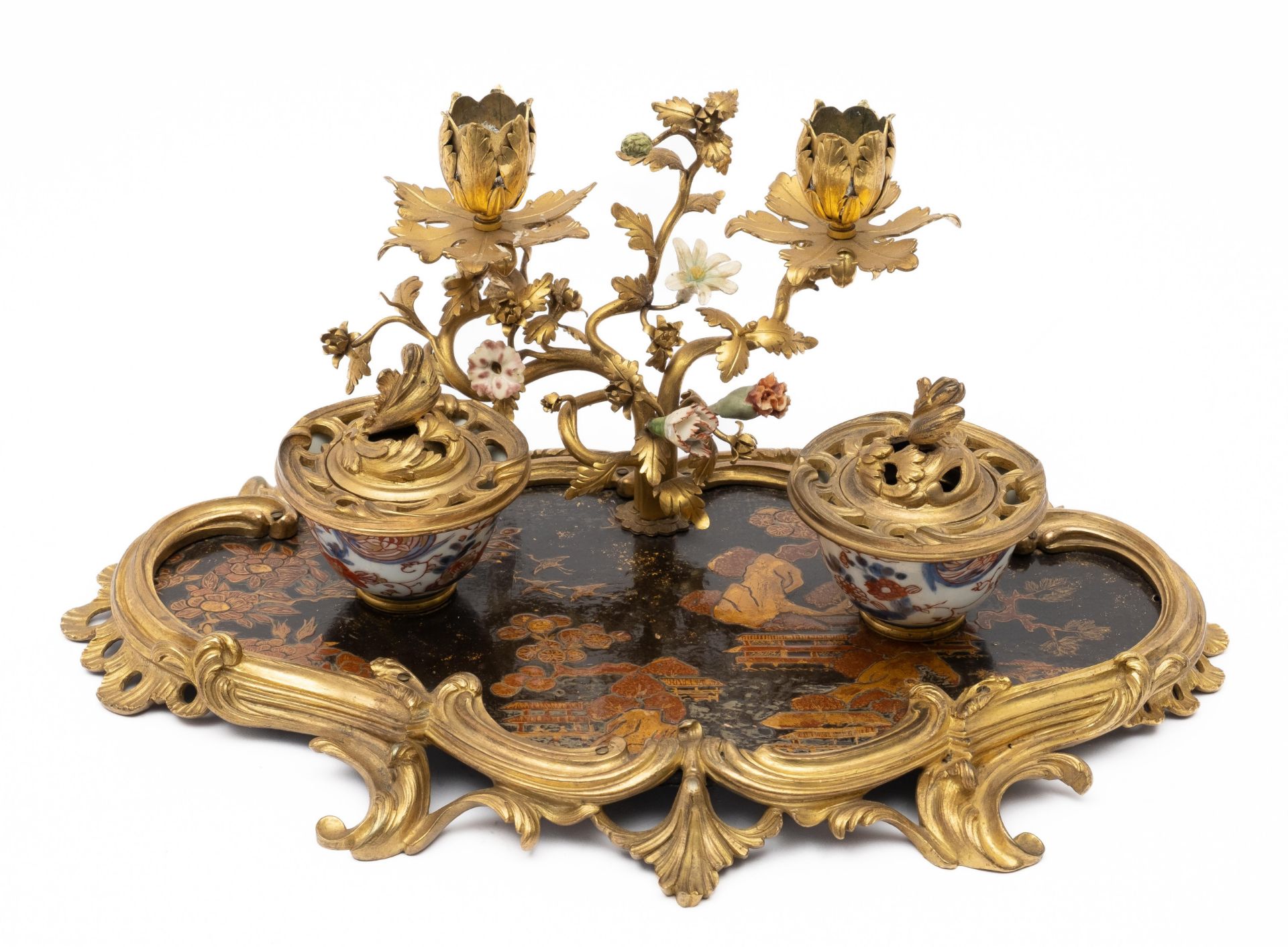 A Louis XV ormolu-mounted black and gilt japanned and porcelain inkstand