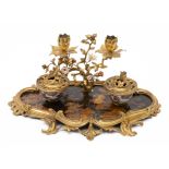 A Louis XV ormolu-mounted black and gilt japanned and porcelain inkstand