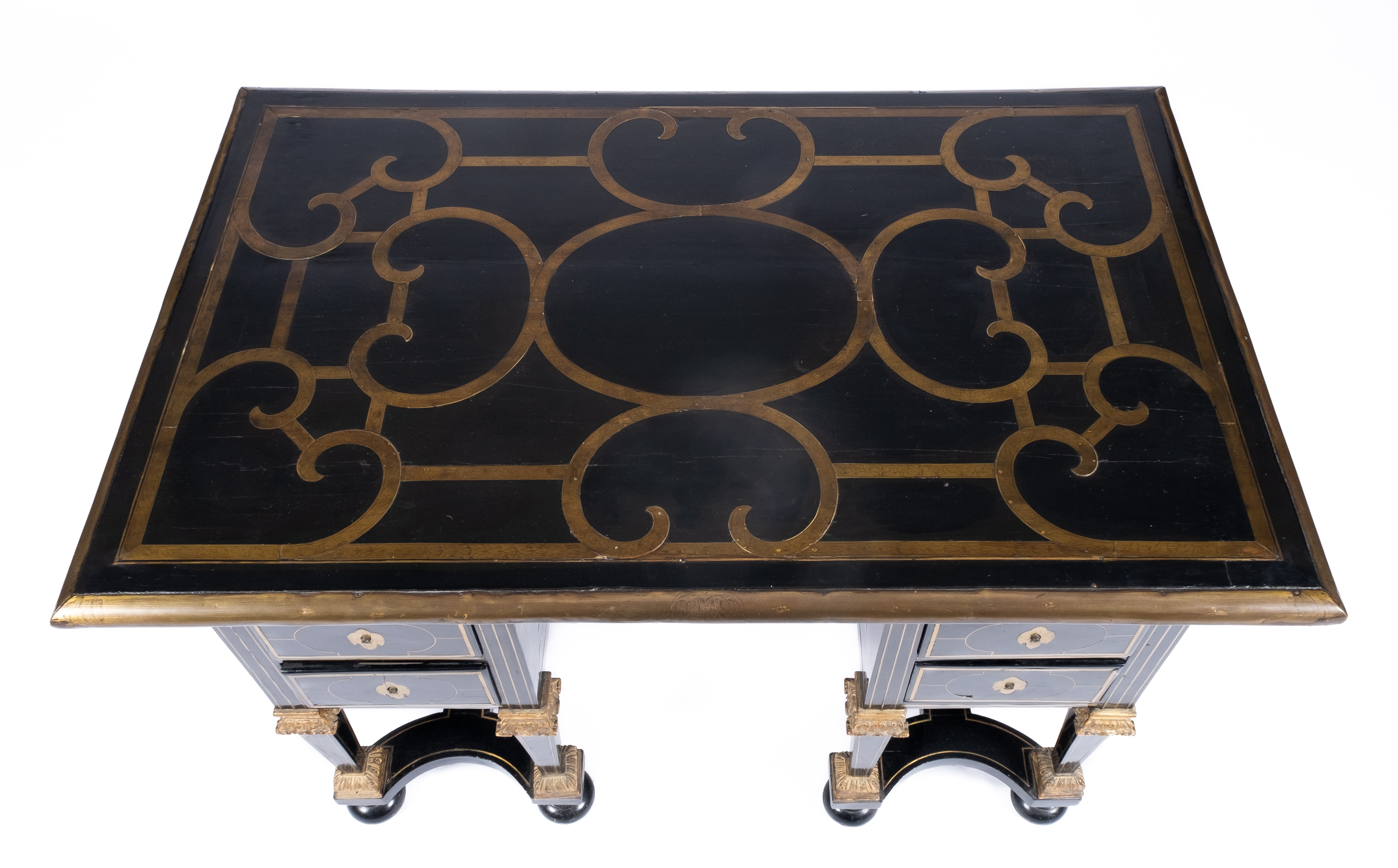 A Louis XIV engraved brass inlaid ebony, ebonised and parcel-gilt bureau Mazarin - Image 4 of 5