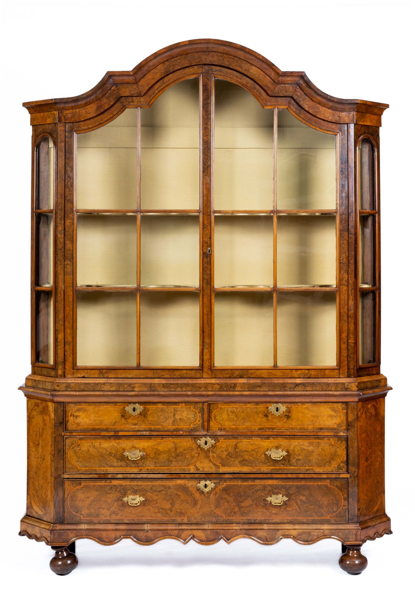 A Dutch brass-mounted figured walnut and elm inlaid display cabinet