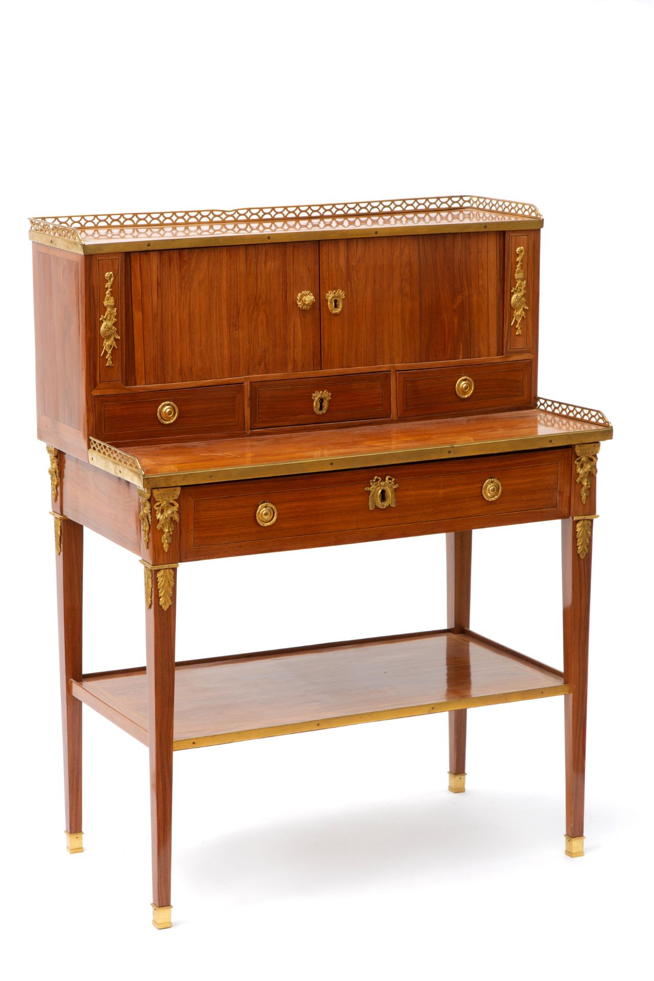 A Louis XVI ormolu-mounted tulipwood and fruitwood bonheur-du-jour