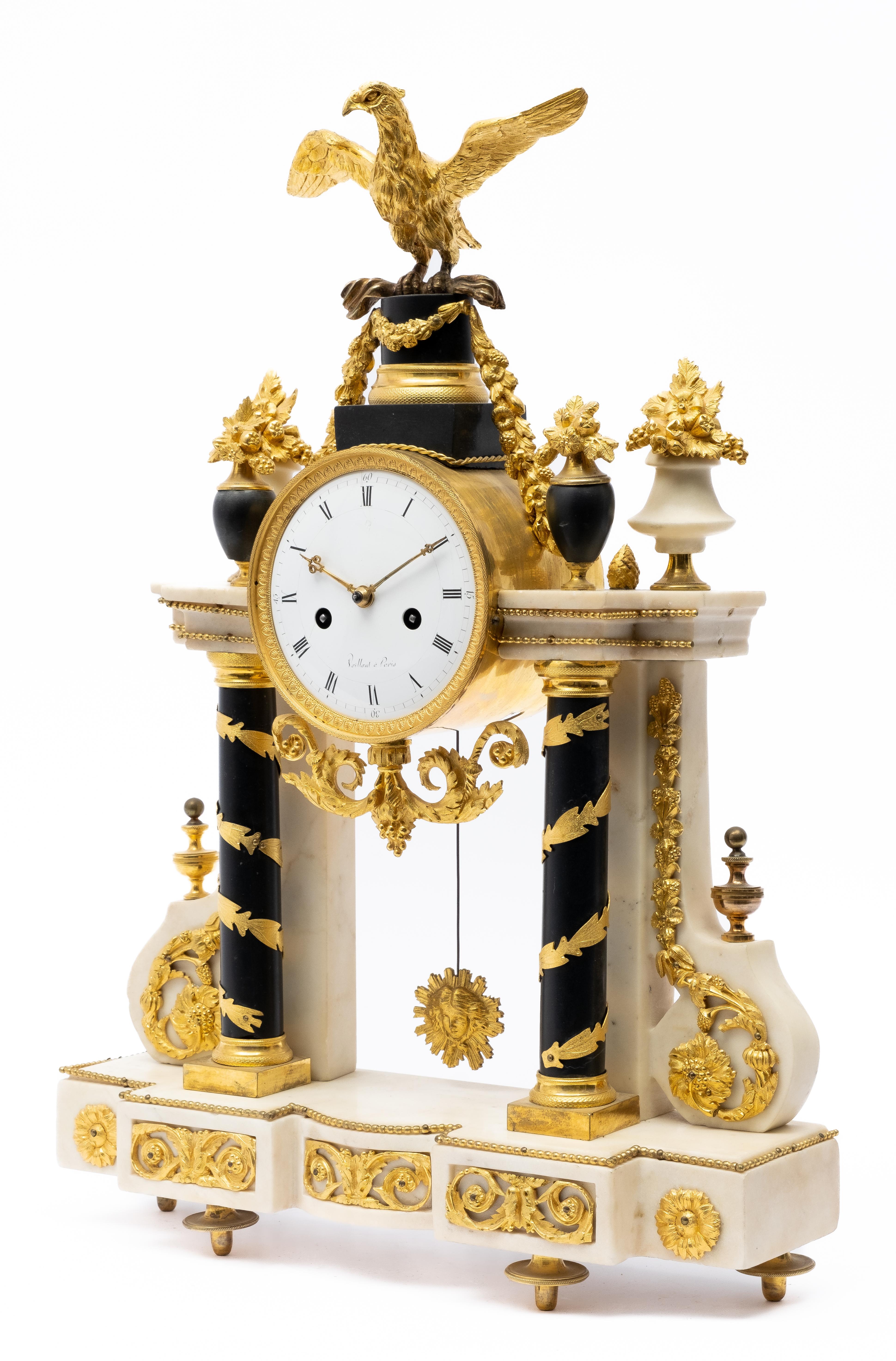 A Louis XVI ormolu and black and white marble mantel clock 'pendule portique' - Image 2 of 6