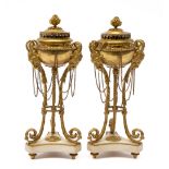 A pair of Louis XVI ormolu and white marble brûle parfums