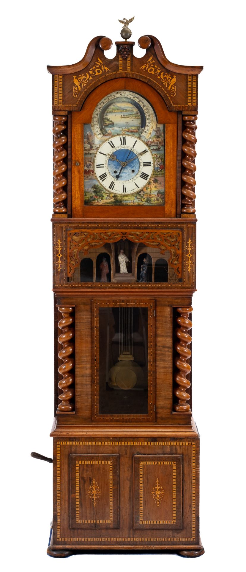 A large and rare Victorian mahogany and fruitwood inlaid musical longcase clock with automaton