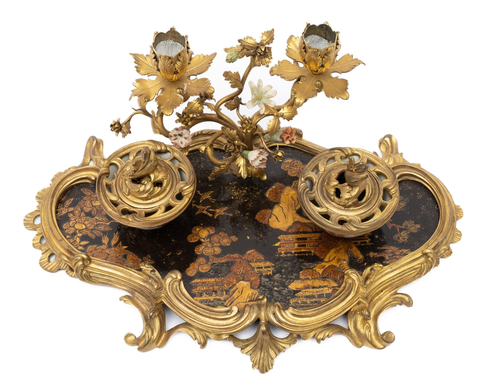 A Louis XV ormolu-mounted black and gilt japanned and porcelain inkstand - Image 2 of 4