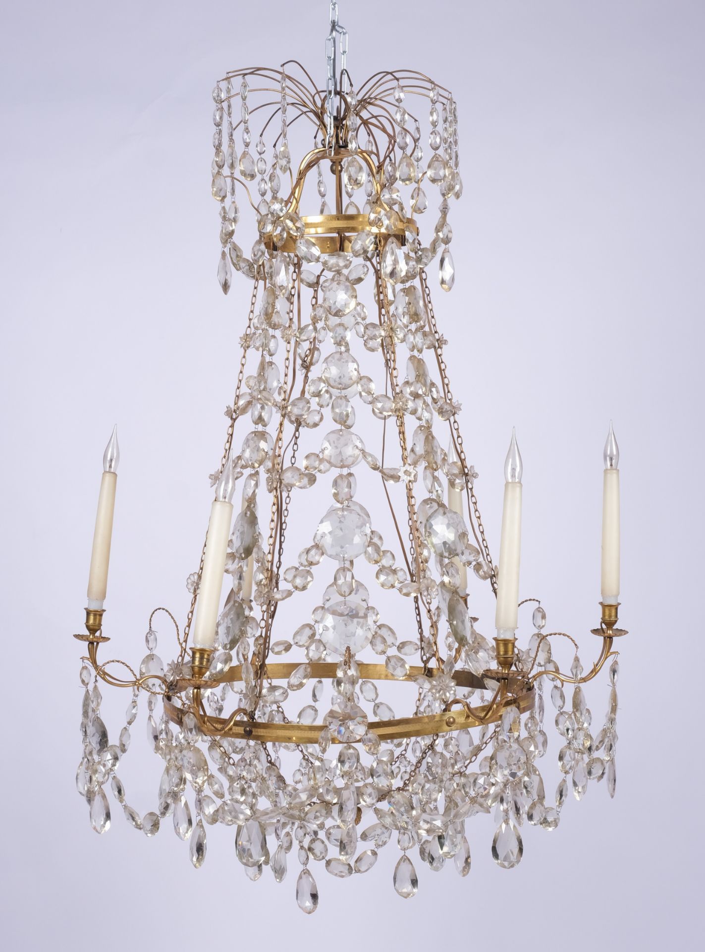 A North-European ormolu and rock-crystal six-light chandelier