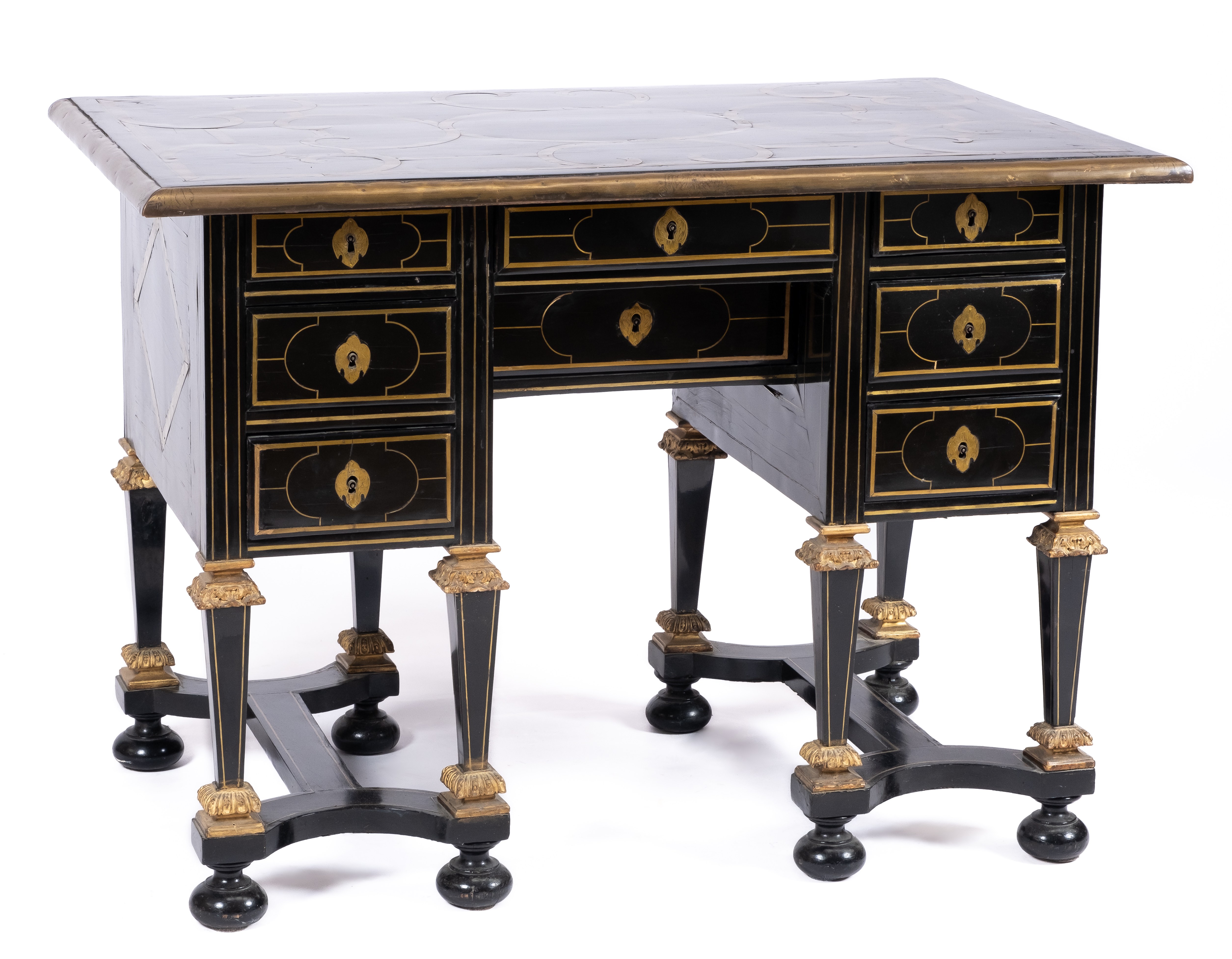 A Louis XIV engraved brass inlaid ebony, ebonised and parcel-gilt bureau Mazarin