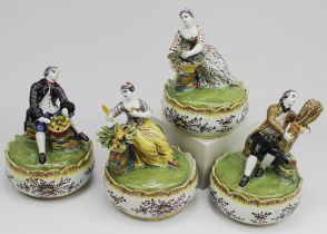Four Delft polychrome pottery lidded dishes with figures 'The Four Seasons'
