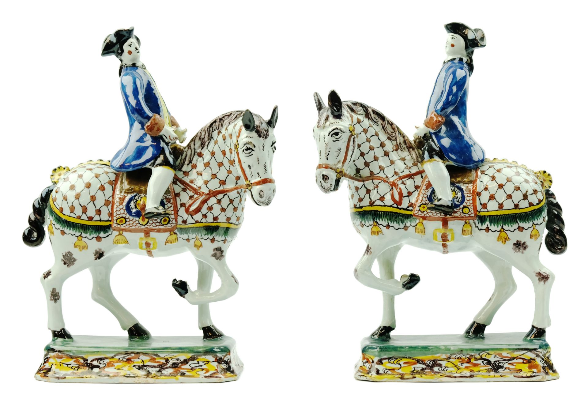 A pair of Delft polychrome pottery horse riders - Image 3 of 8