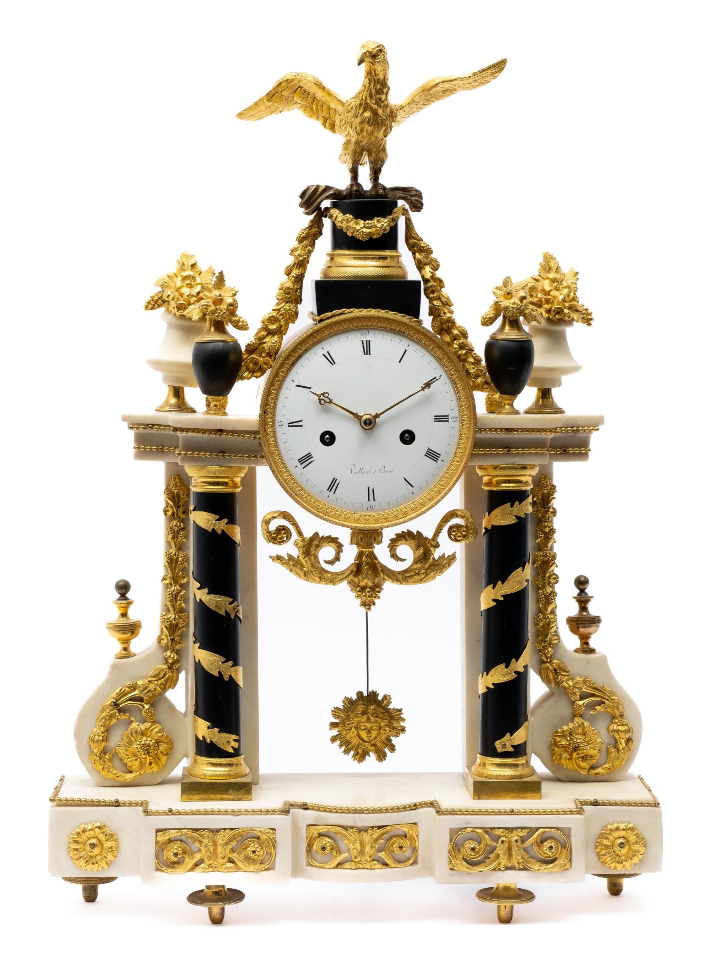 A Louis XVI ormolu and black and white marble mantel clock 'pendule portique'