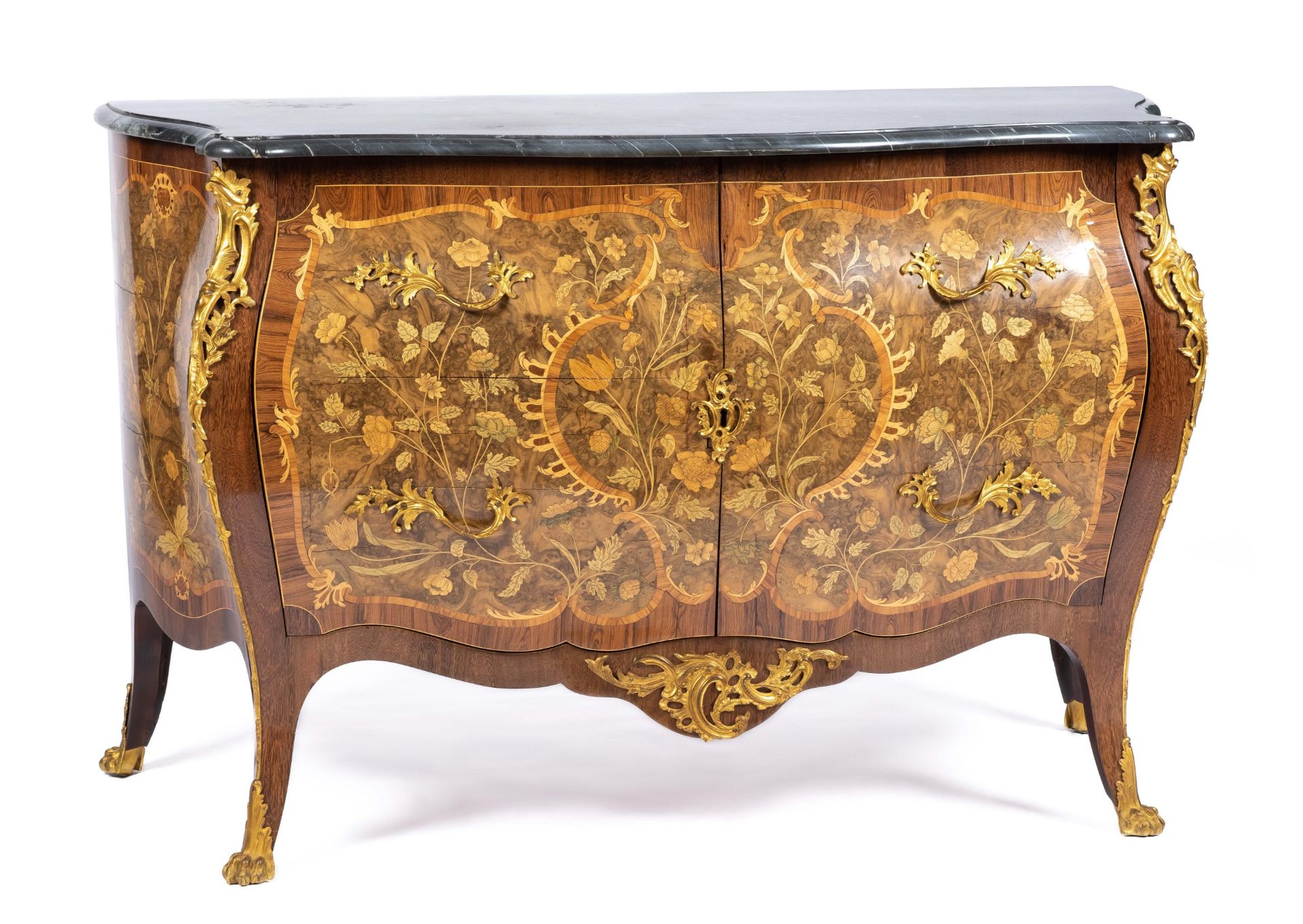 A Dutch ormolu-mounted kingwood, tulipwood, burr-walnut, fruitwood and marquetry commode