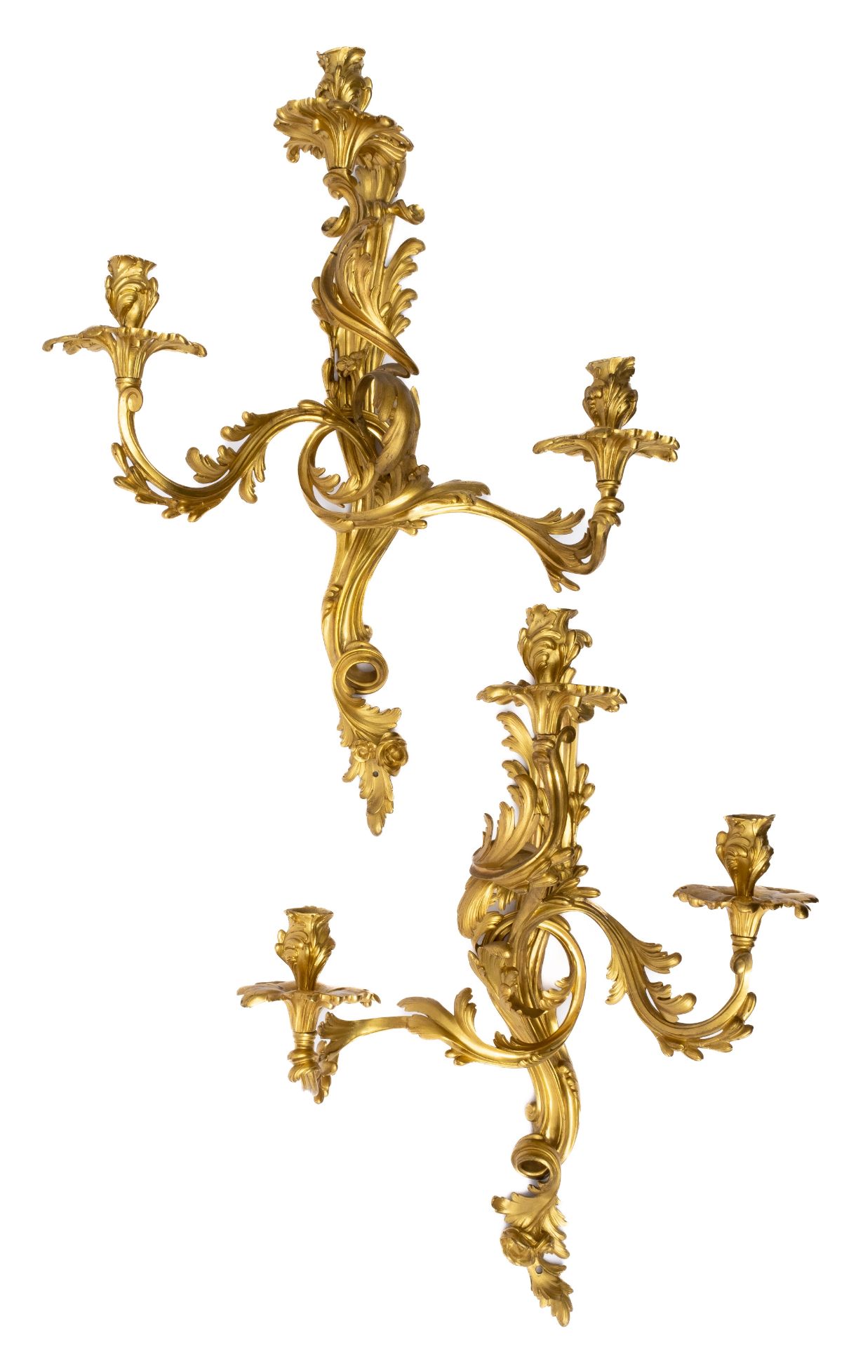 A pair of French ormolu three-light wall appliques