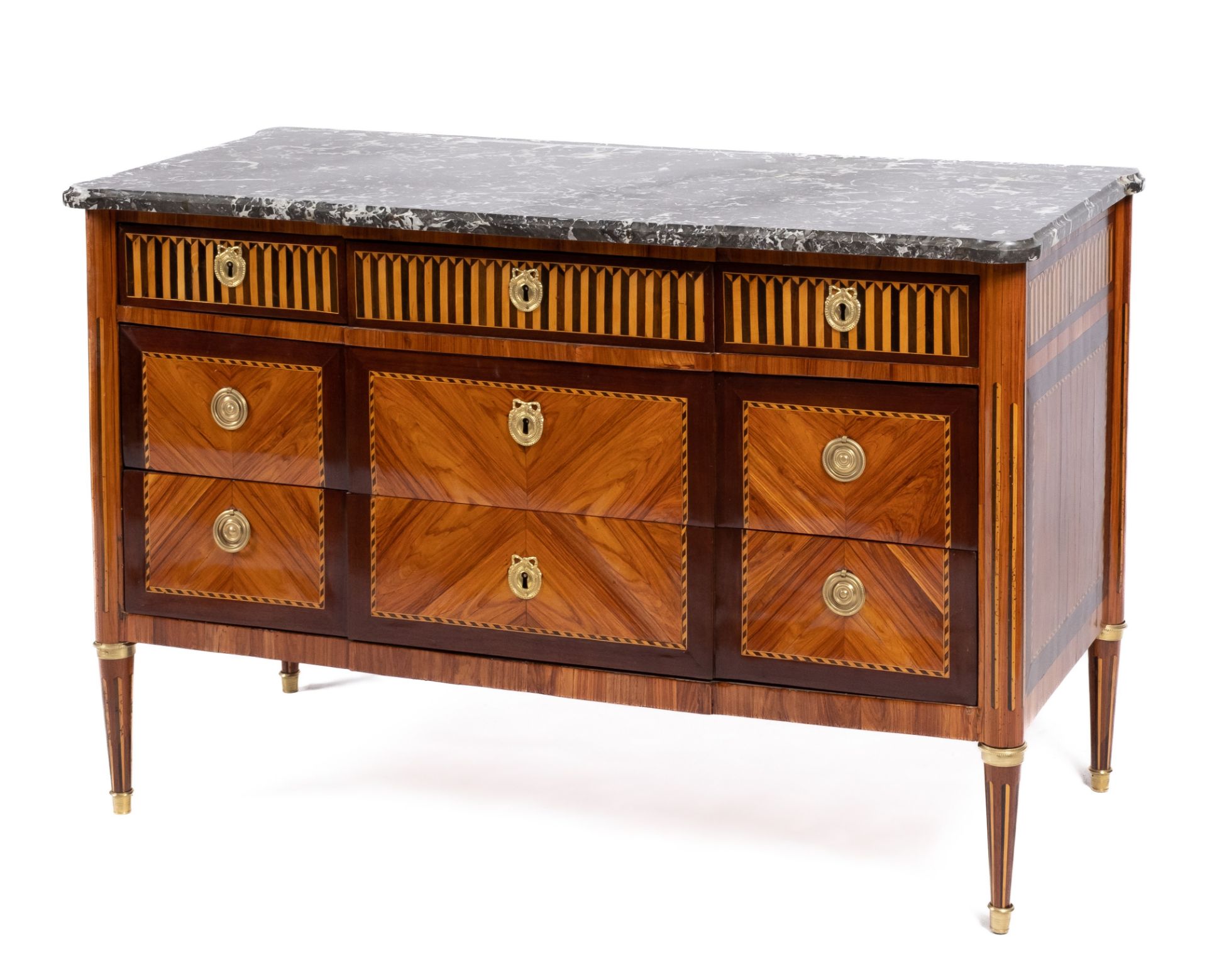 A Louis XVI ormolu-mounted tulipwood, amaranth and fruitwood marquetry commode