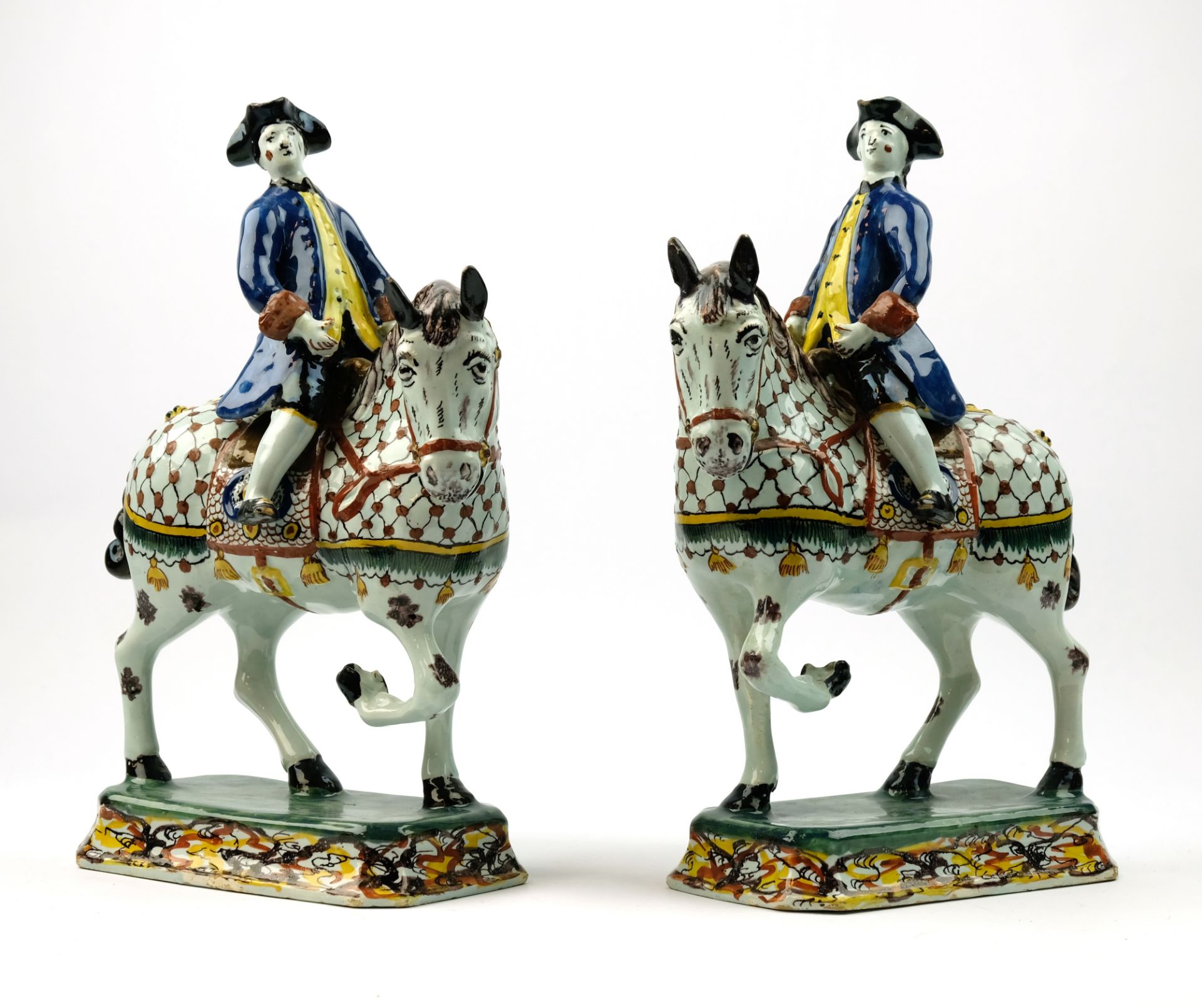 A pair of Delft polychrome pottery horse riders - Image 2 of 8