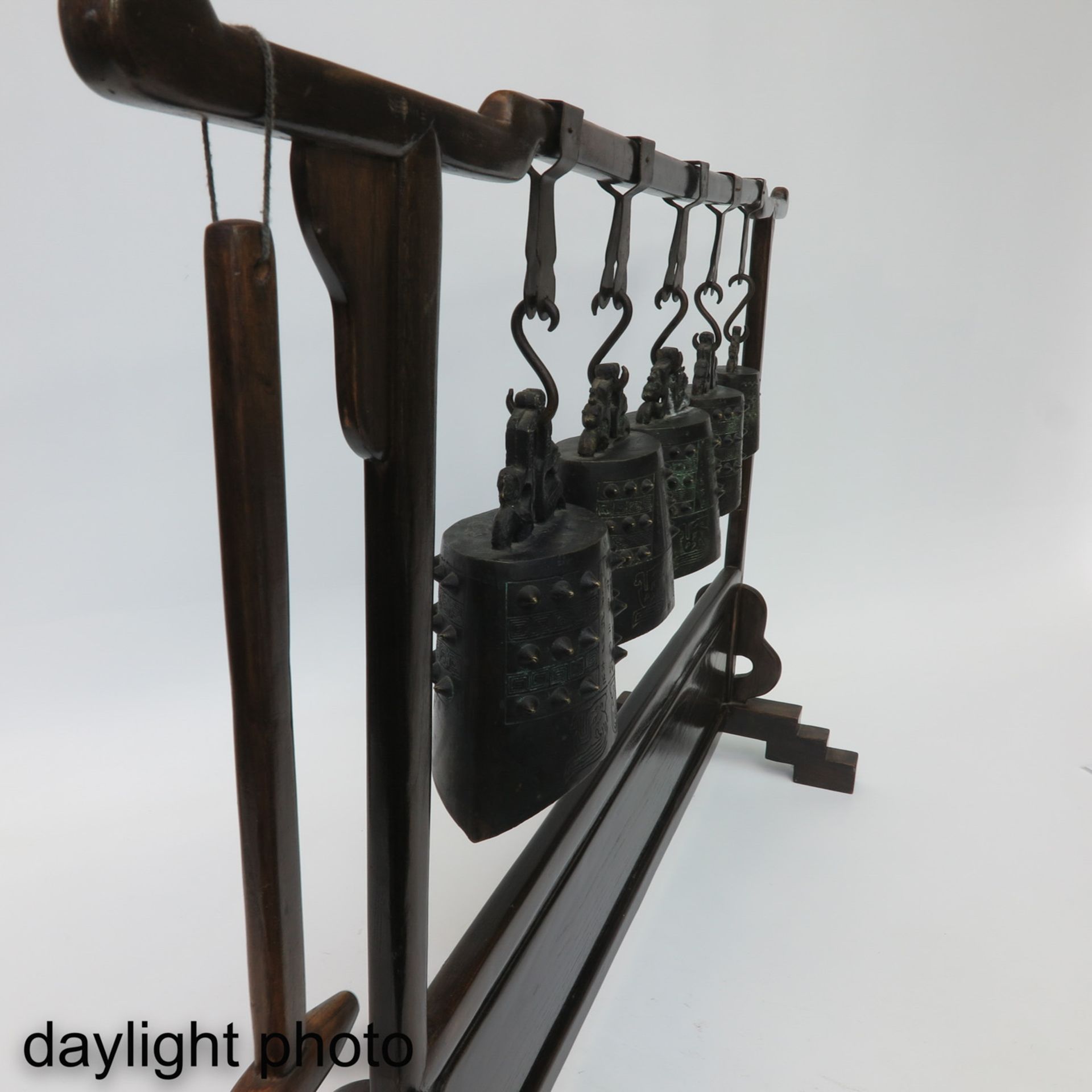 A Chinese Standing Rack with Bells and Mallet - Image 7 of 8
