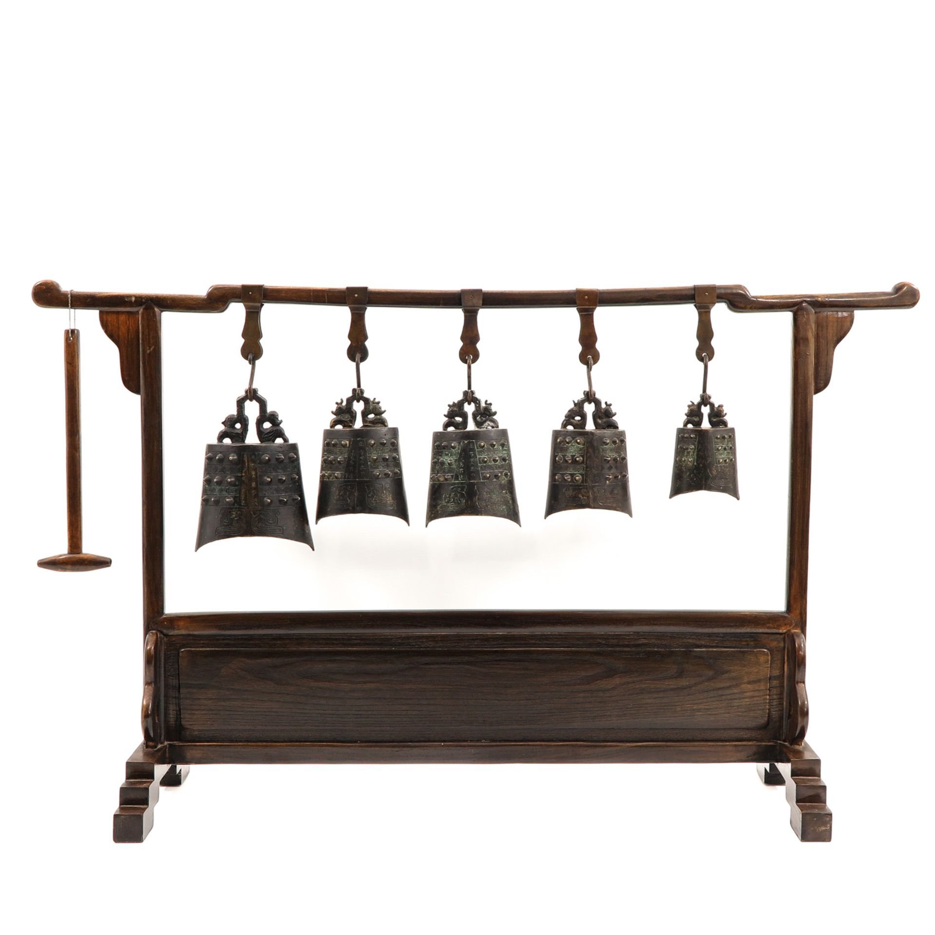 A Chinese Standing Rack with Bells and Mallet - Image 3 of 8