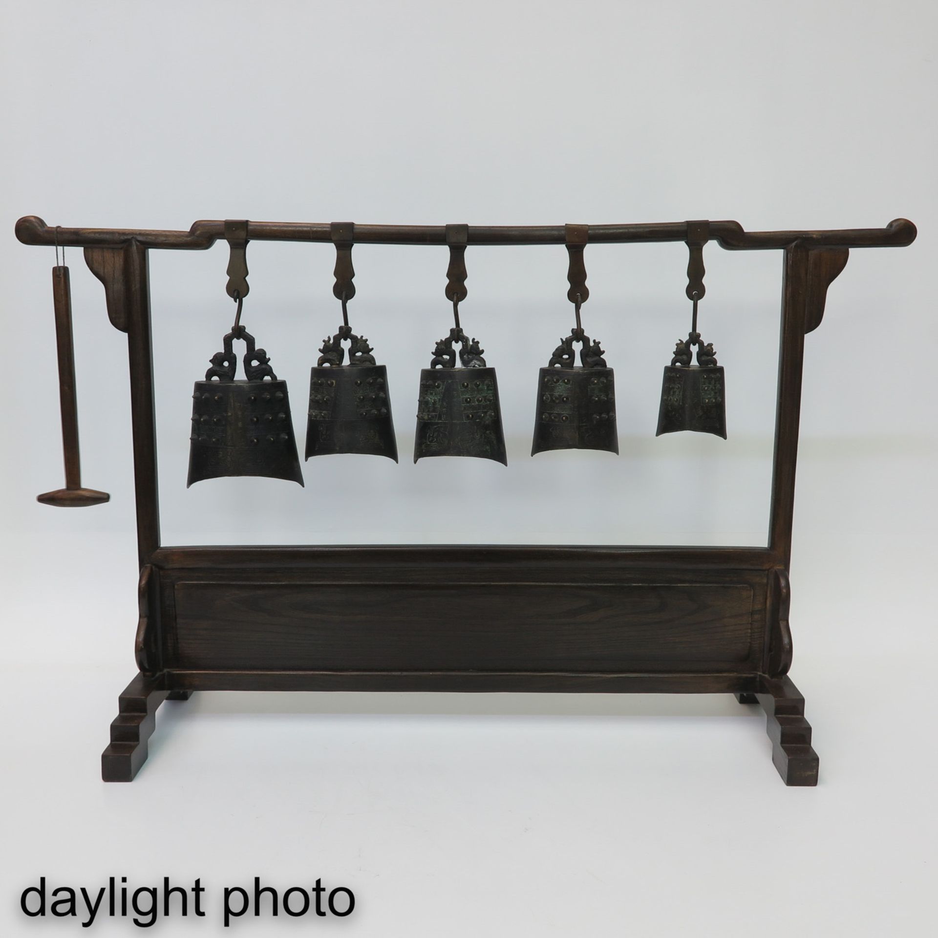 A Chinese Standing Rack with Bells and Mallet - Image 6 of 8