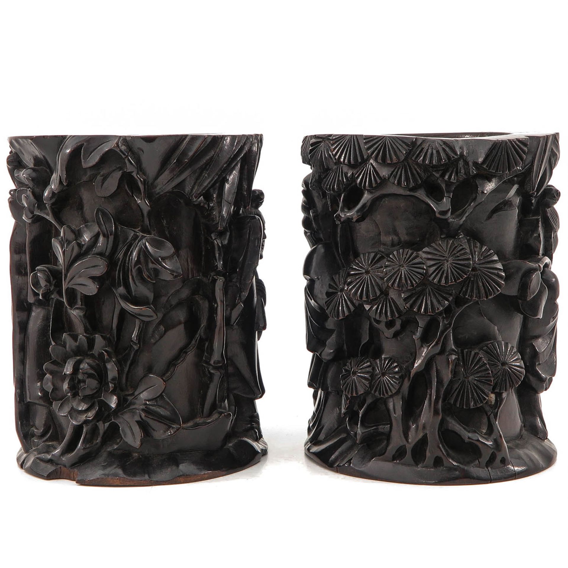 A Pair of Carved Wood Brush Pots - Image 2 of 9