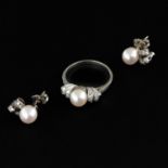 A Set of 14KG Diamond and Pearl Earrings and Ring