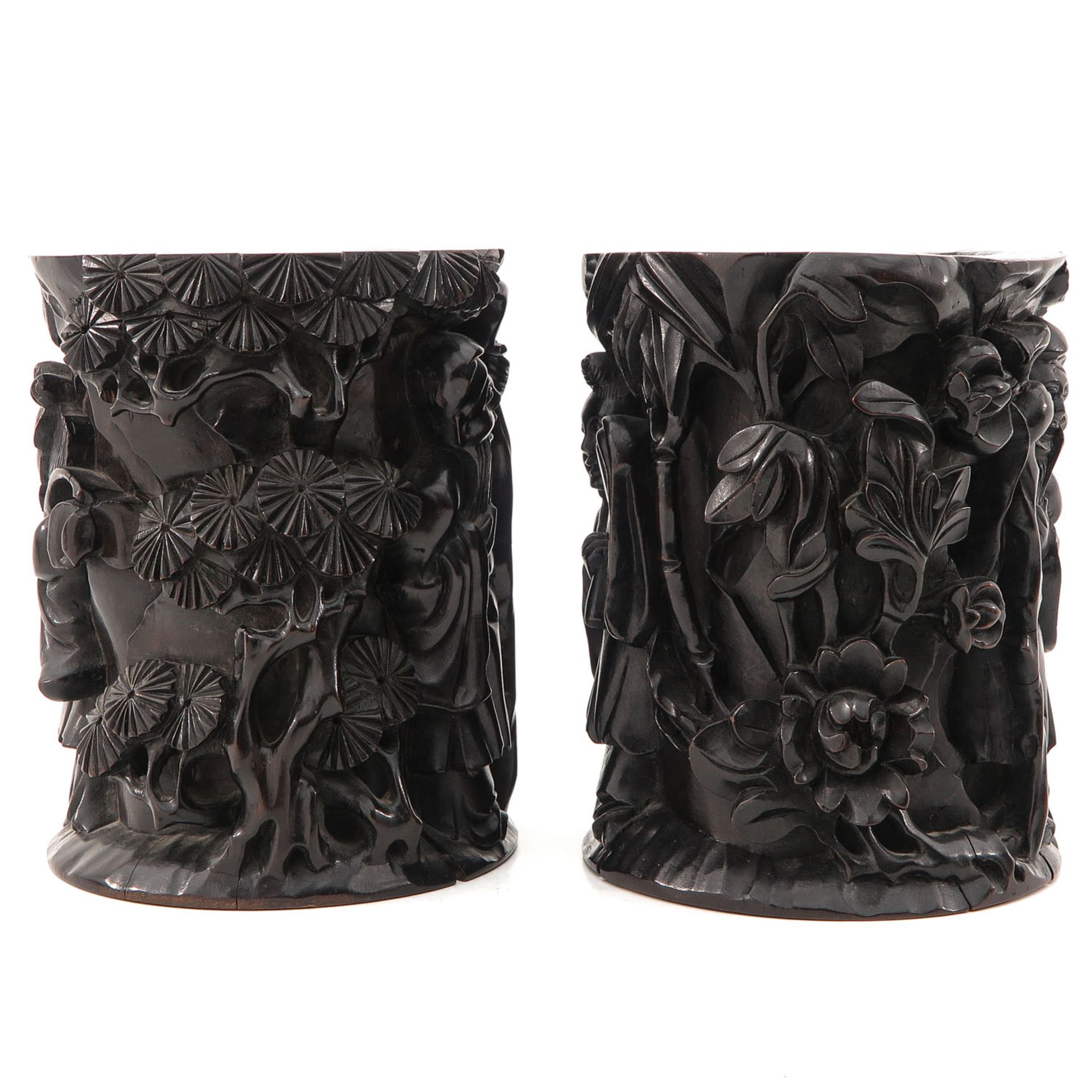 A Pair of Carved Wood Brush Pots - Image 4 of 9