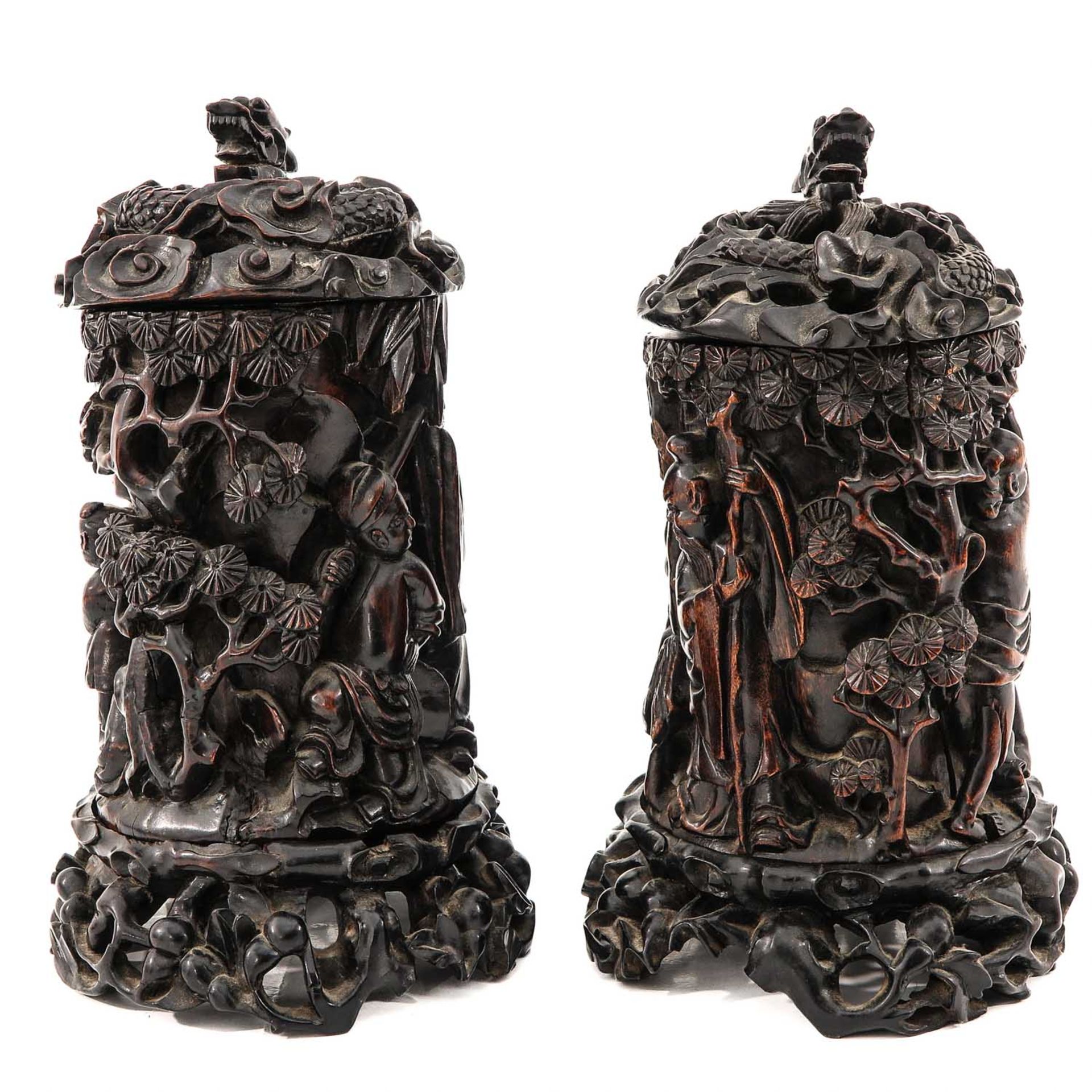 A Pair of Carved Wood Brush Pots with Covers - Image 4 of 10
