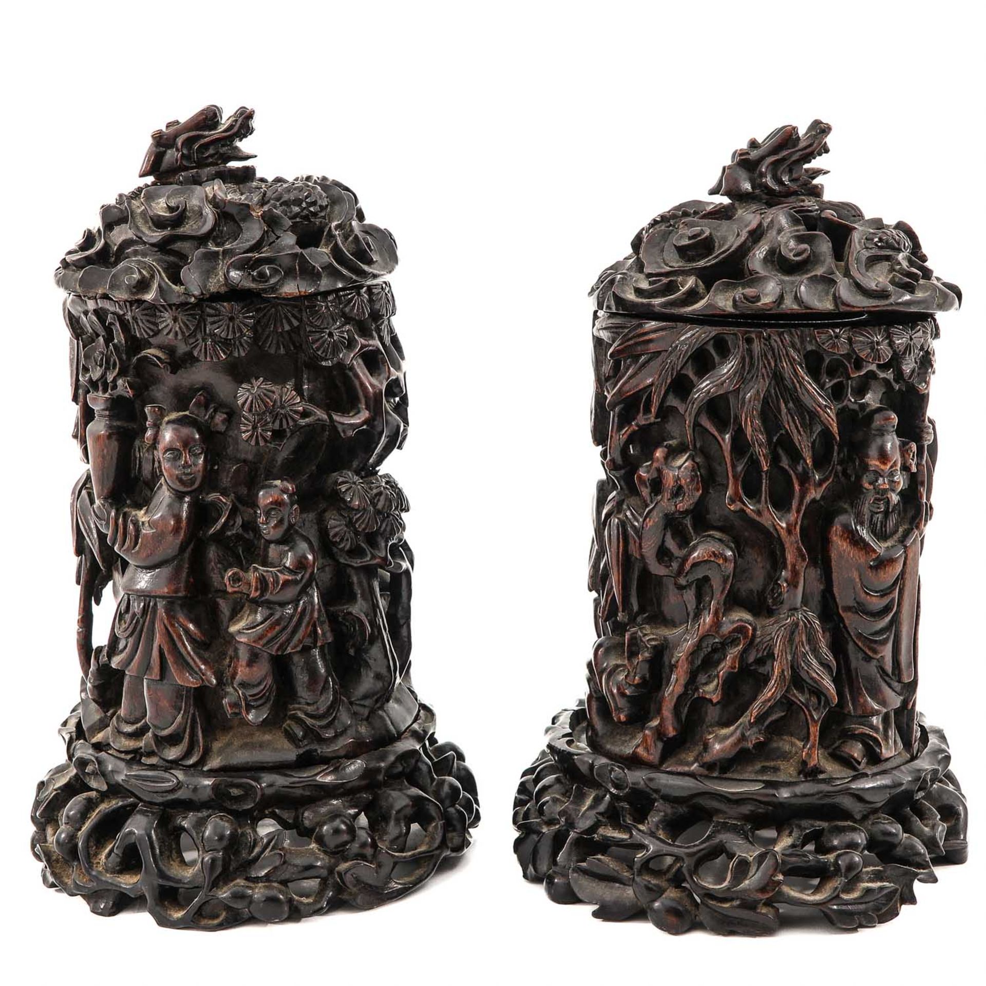 A Pair of Carved Wood Brush Pots with Covers - Image 3 of 10