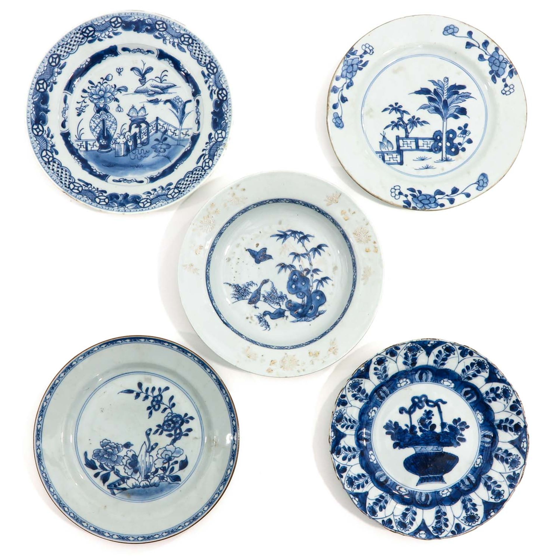 A Collection of 5 Blue and White Plates