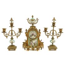 A Bronze and Enamel Clock Set
