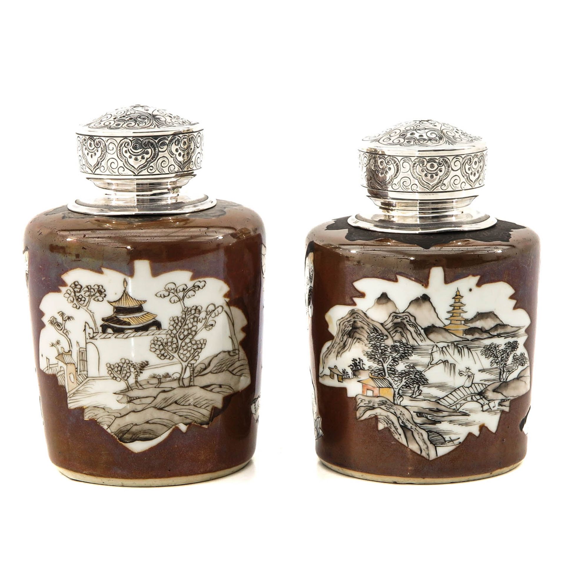 A Pair of Tea Boxes with Silver Tops