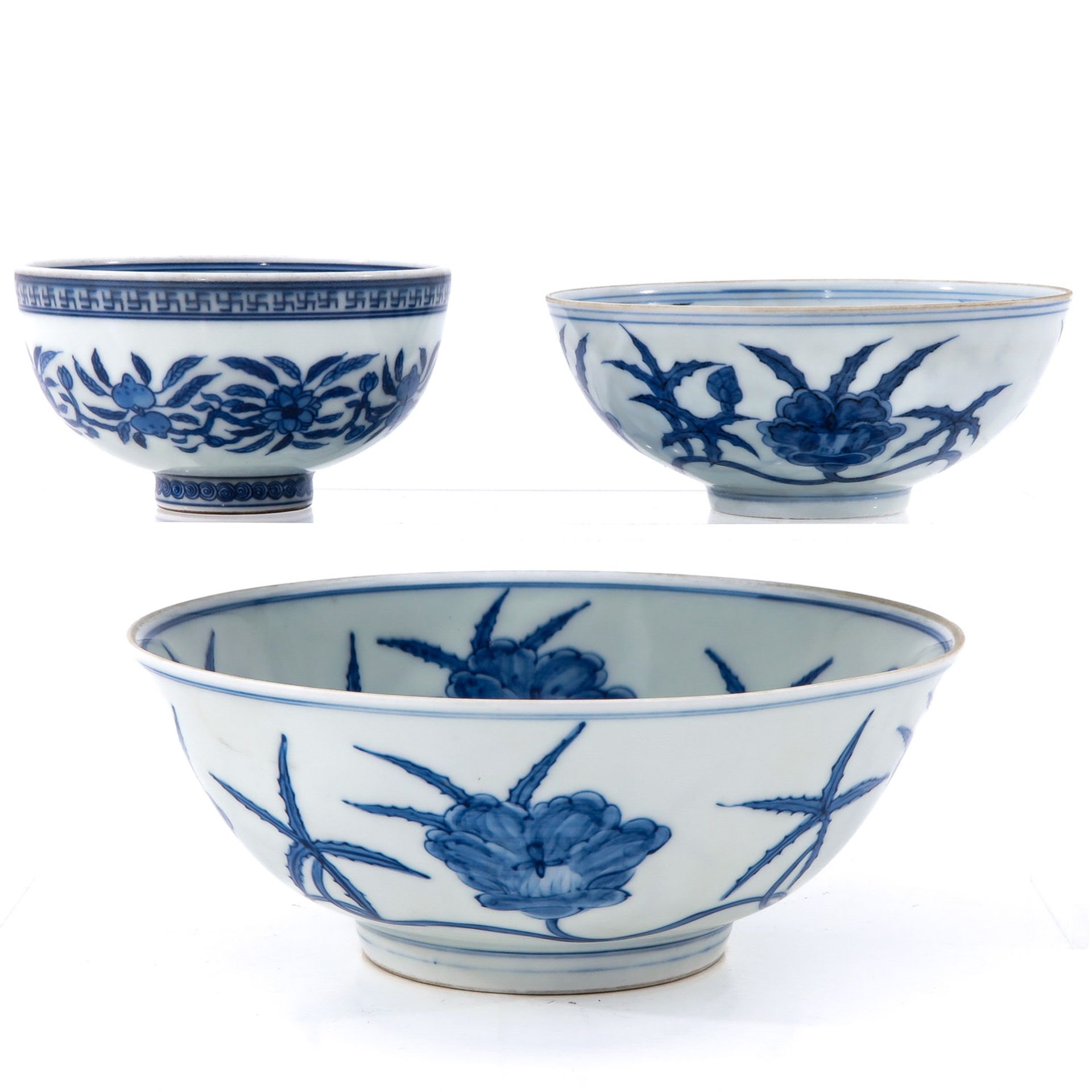 A Collection of 3 Blue and White Bowls