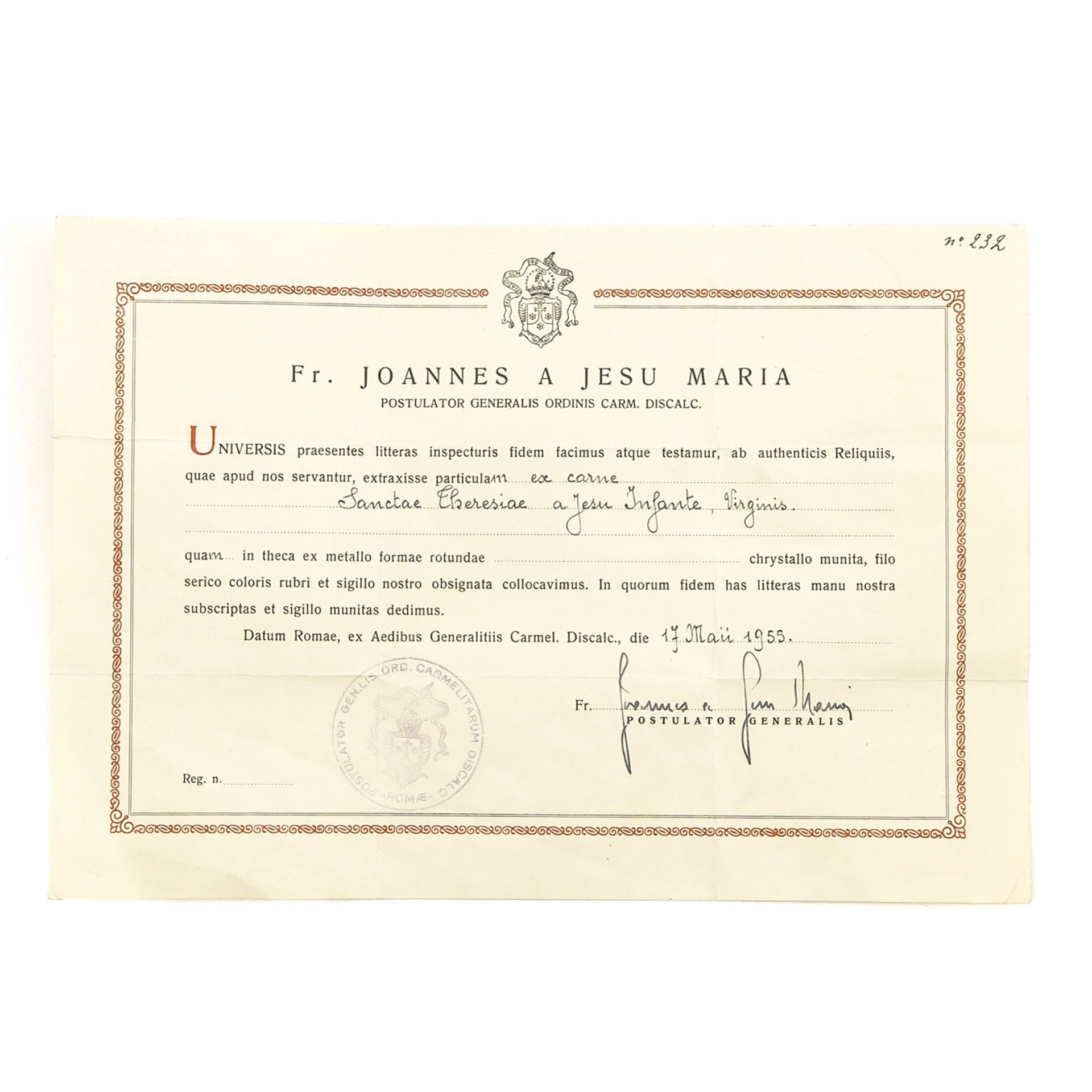 A Relic of Saint Theresa E.J. with Certificate - Image 3 of 3