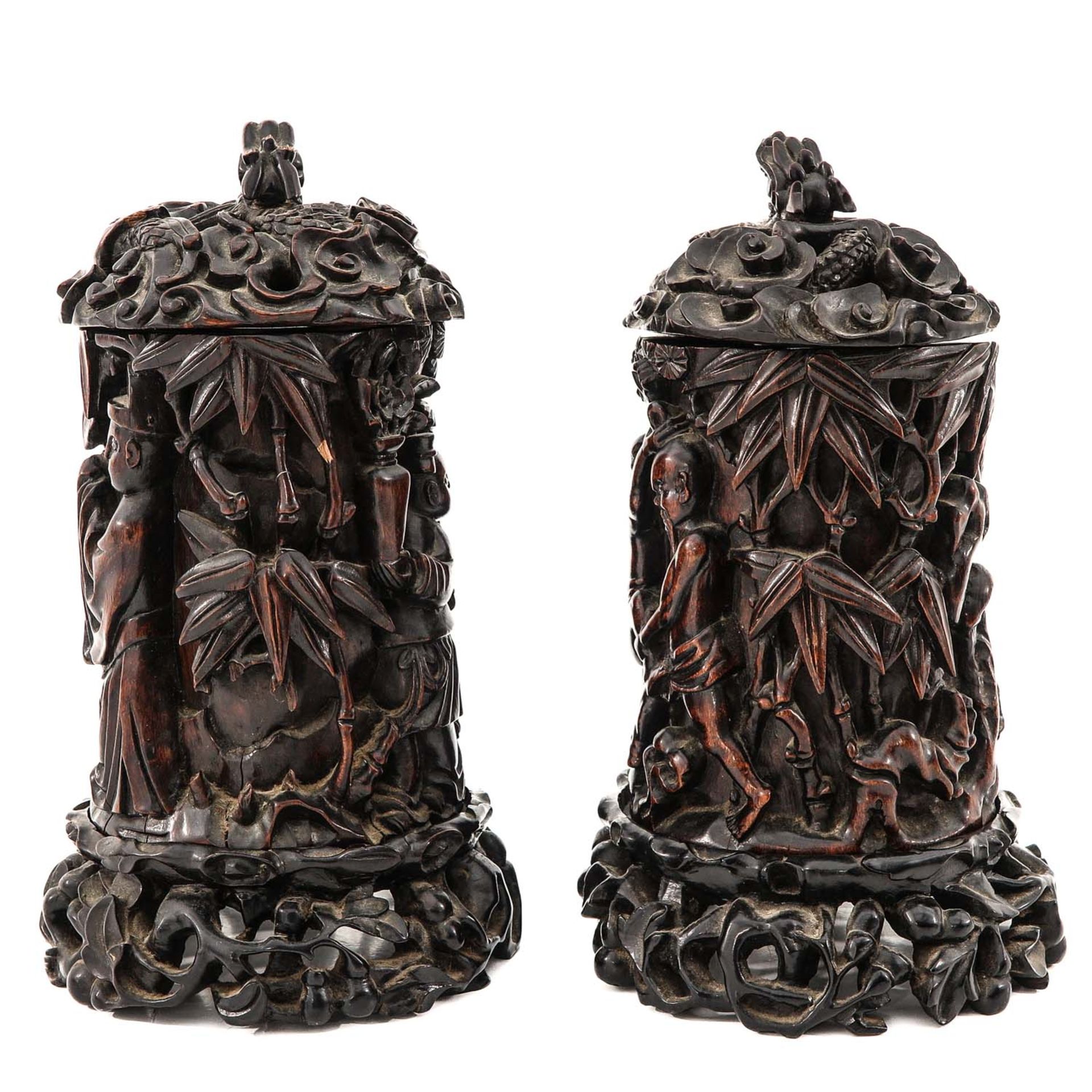 A Pair of Carved Wood Brush Pots with Covers - Image 2 of 10