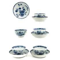A Collection of 5 Blue and White Cups and Saucers
