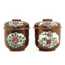 A Pair of Batavianware Jars with Covers