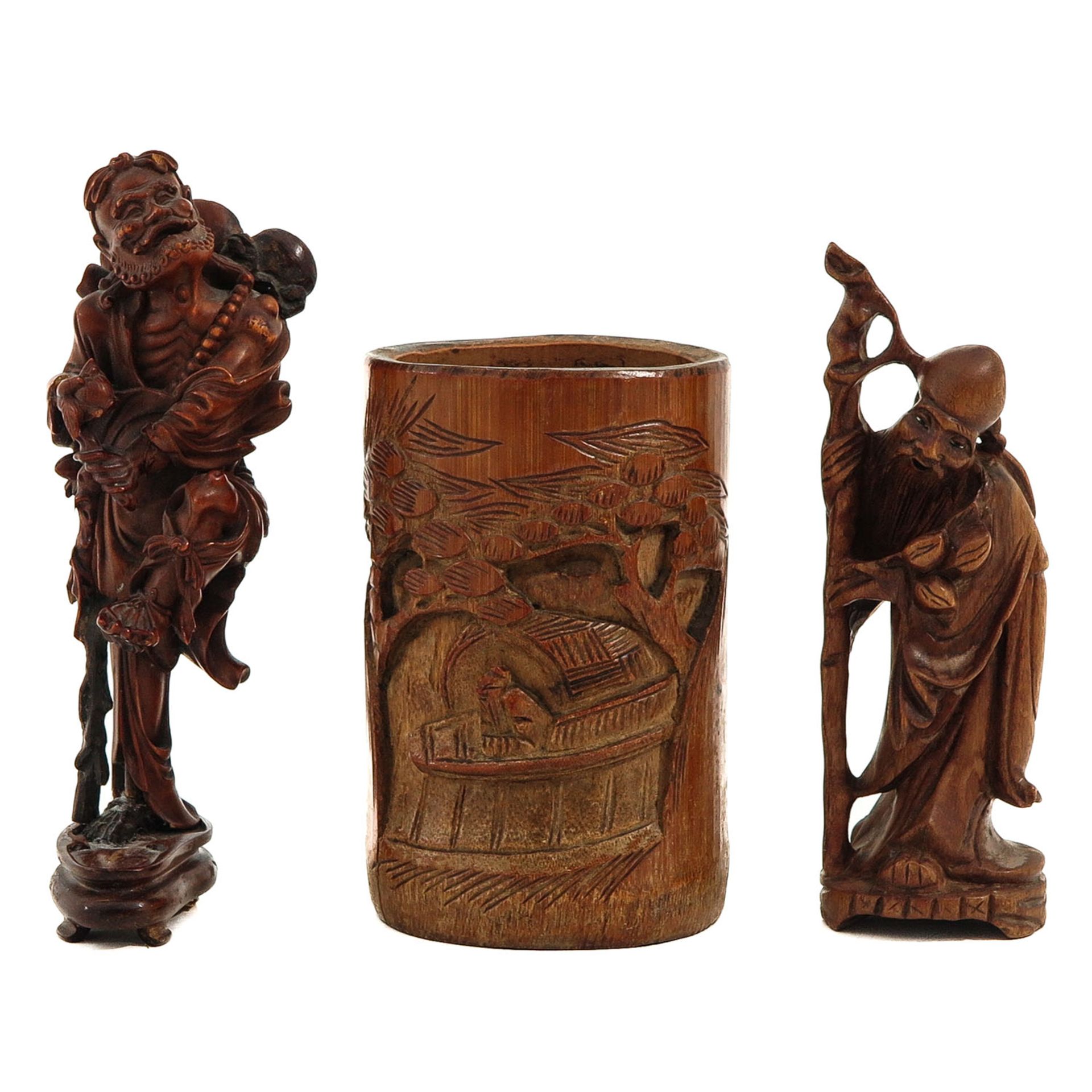 A Wood Brush Pot and 2 Sculptures