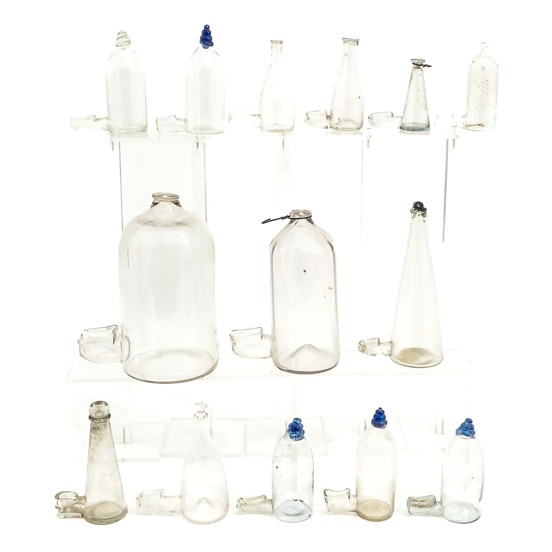 A Collection of Glass Bird Drinking Bottles