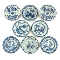 A Collection of 8 Blue and White Plates