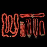 A Collection of 6 Red Coral Necklaces and Bracelet
