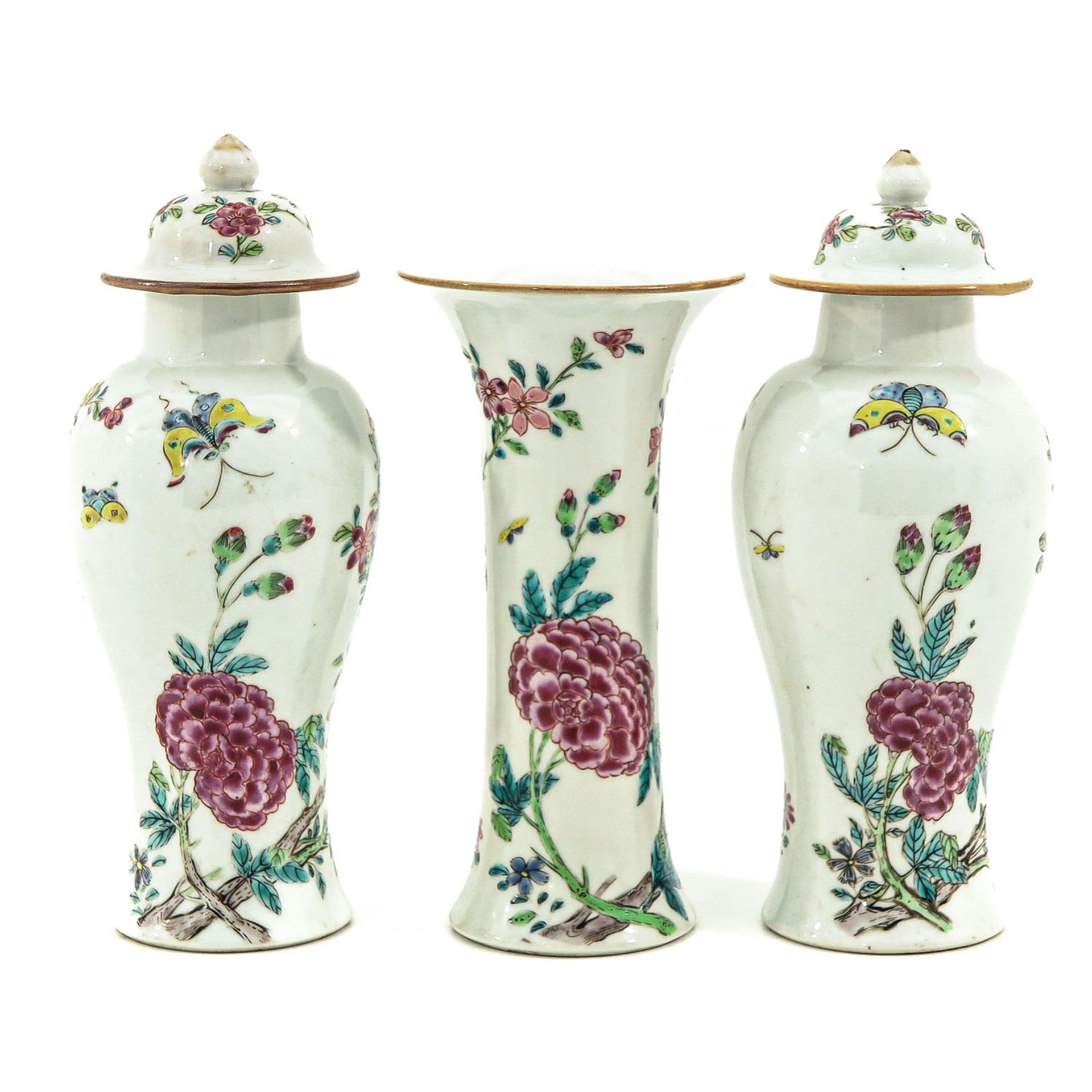 A 3 Piece Famille Rose Garniture Set