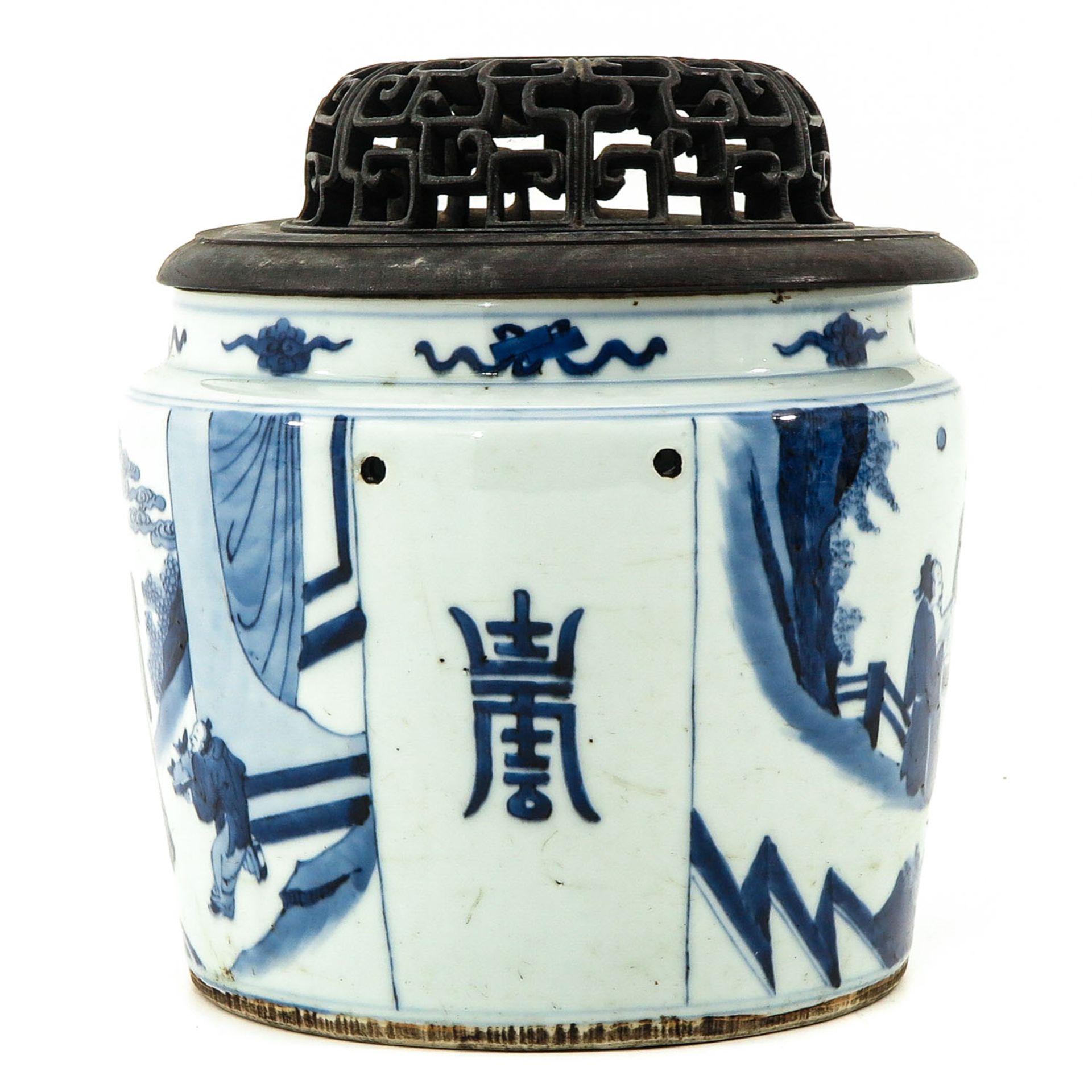 A Blue and White Pot with Carved Wood Cover - Image 4 of 10