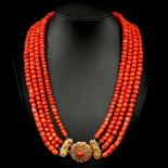 A 19th Century 4 Strand Red Coral Necklace on 14KG Clasp