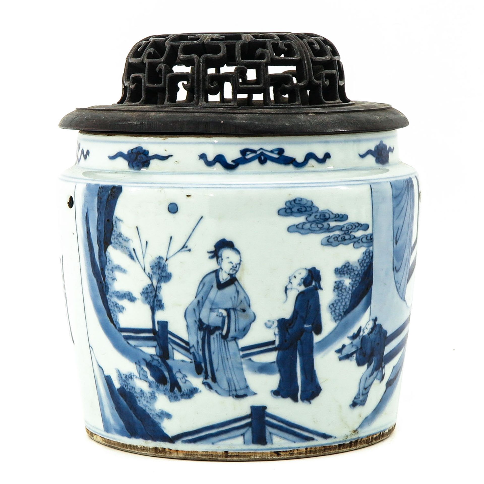 A Blue and White Pot with Carved Wood Cover - Image 3 of 10