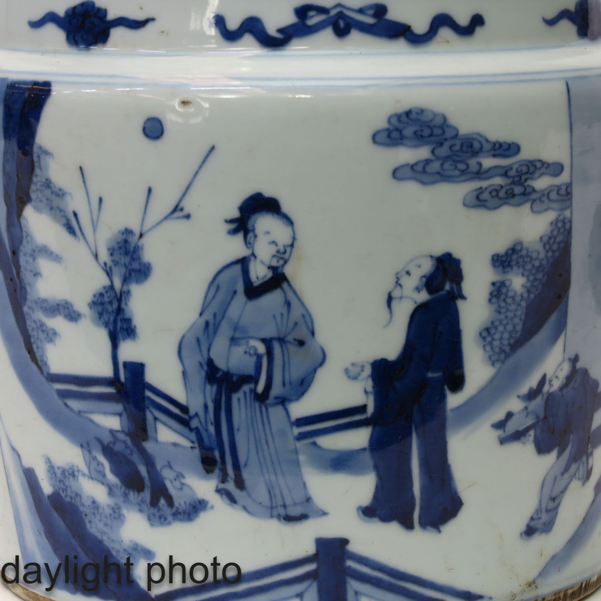 A Blue and White Pot with Carved Wood Cover - Image 9 of 10